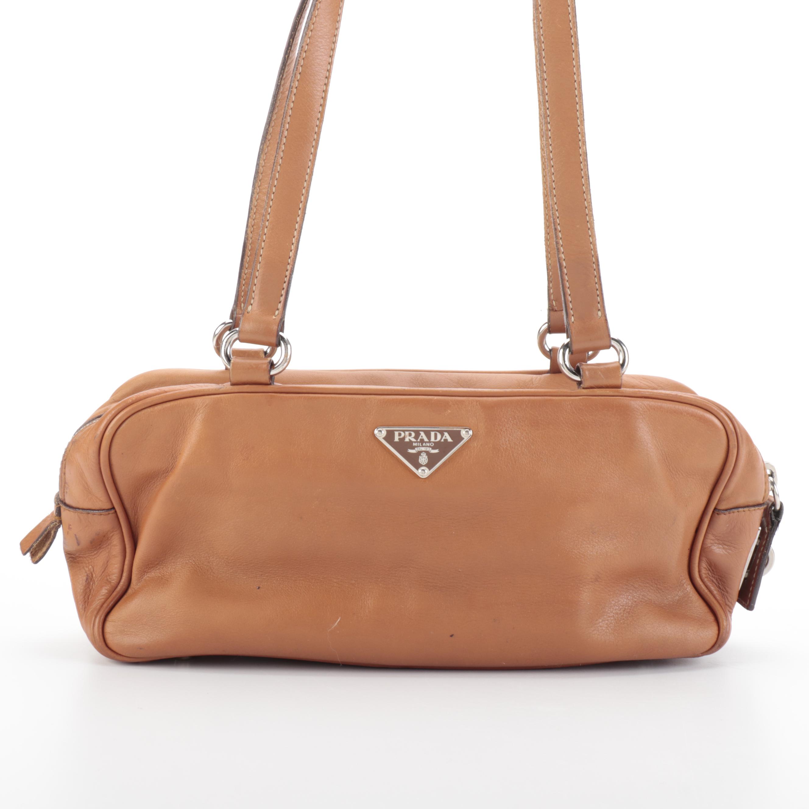 Prada Baguette Shoulder Bag in Dark Tan Leather with Exterior Pockets