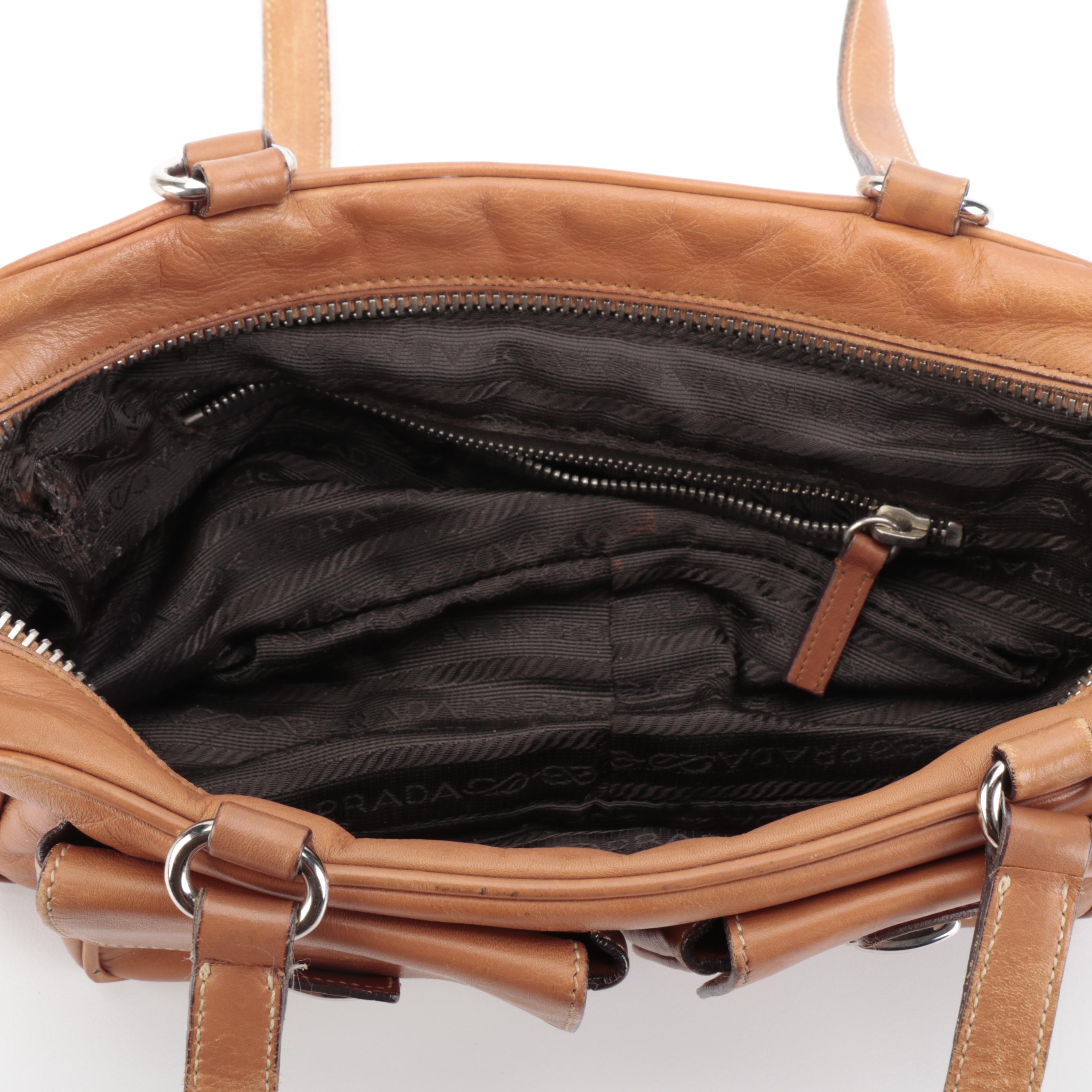 Prada Baguette Shoulder Bag in Dark Tan Leather with Exterior Pockets