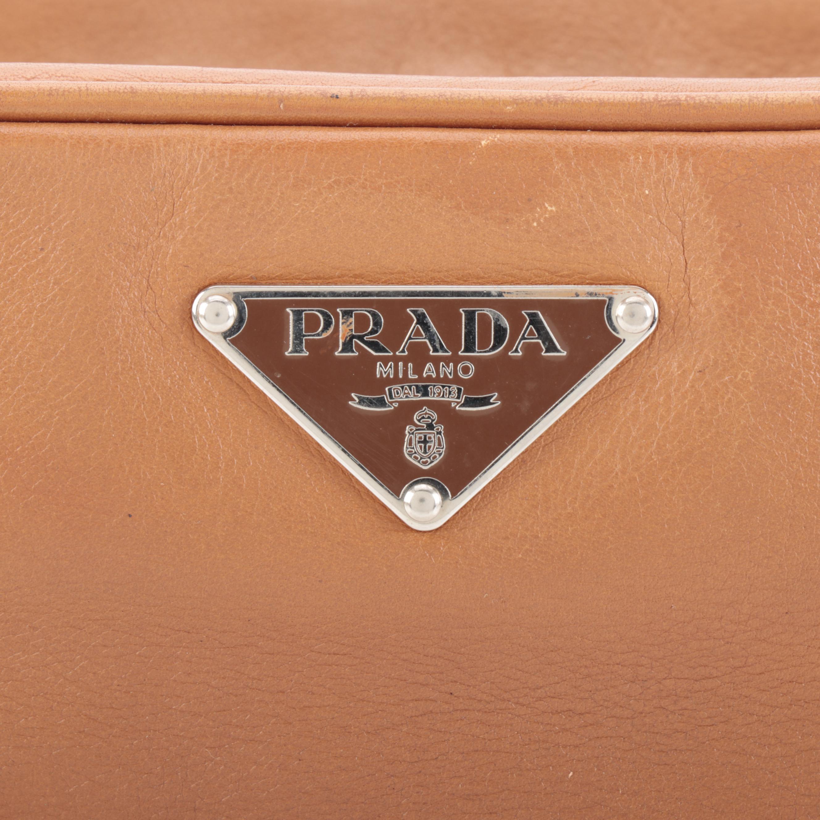 Prada Baguette Shoulder Bag in Dark Tan Leather with Exterior Pockets