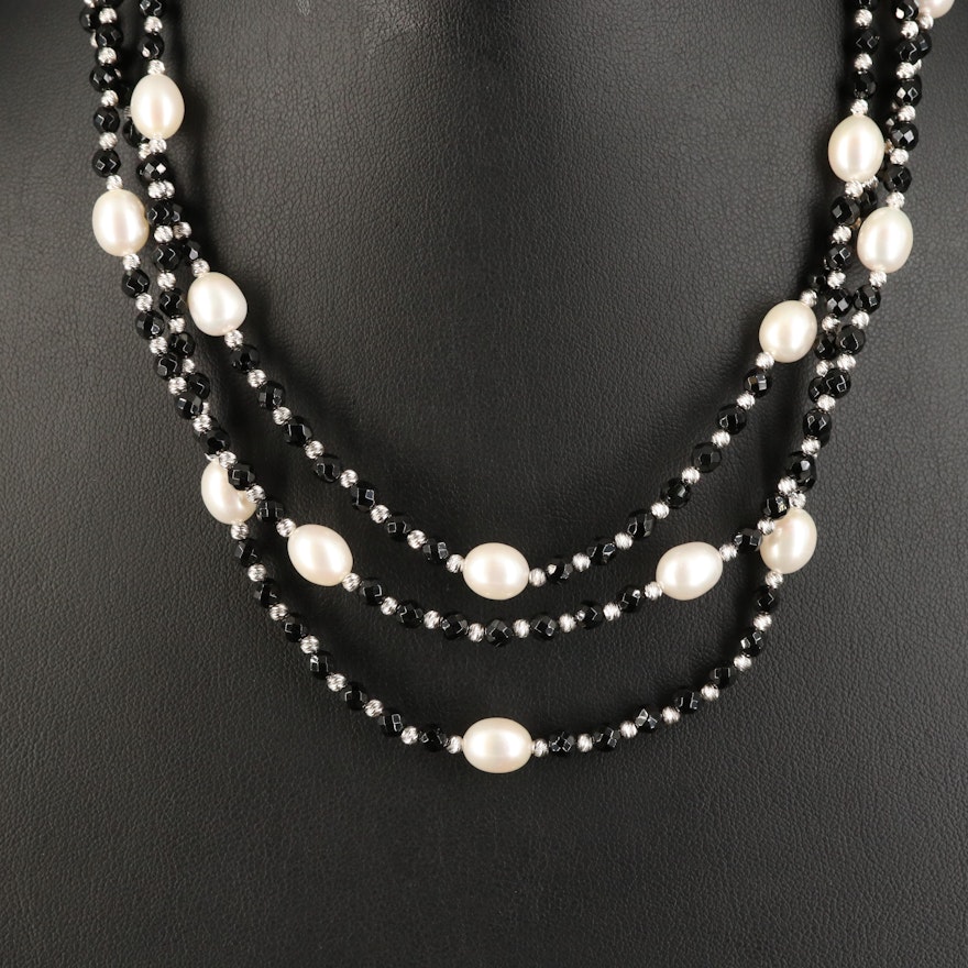 Sterling Silver Black Onyx and Pearl Graduated Three Strand Necklace