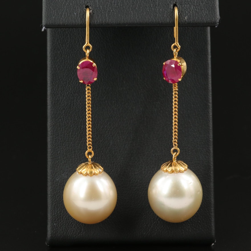 18K Pearl and 2.07 CTW Ruby Drop Earrings