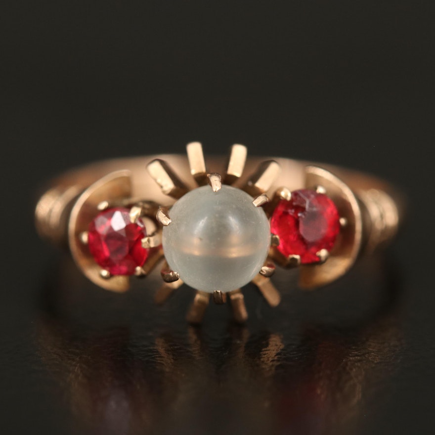 Victorian 9K Moonstone Sphere, Garnet Glass Doublet and Glass Ring