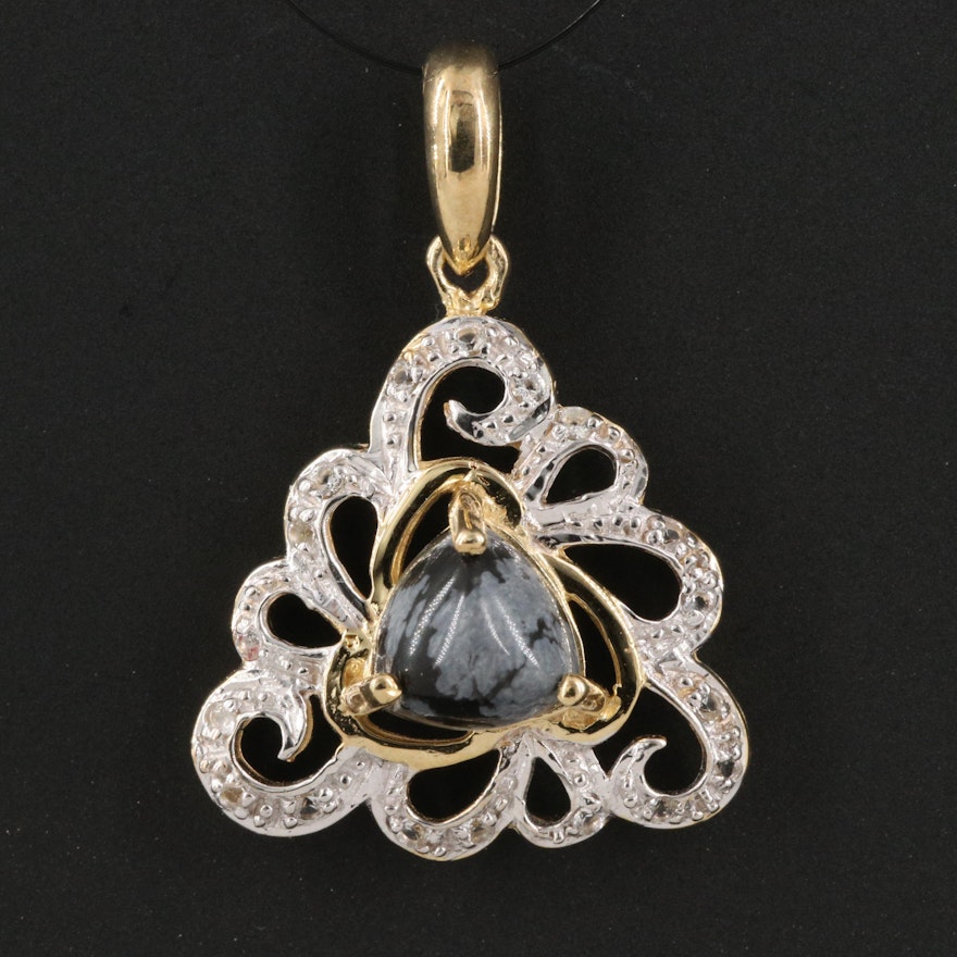 Sterling Silver Snowflake Obsidian and White Topaz Openwork Pendant