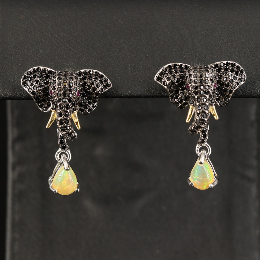 Sterling Spinel Elephant Earrings with Ruby Eyes and Opal Drops