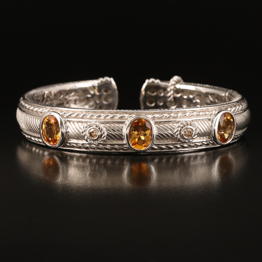 Judith Ripka Sterling Citrine and Brown Diamond Kick Cuff with Heart Charm