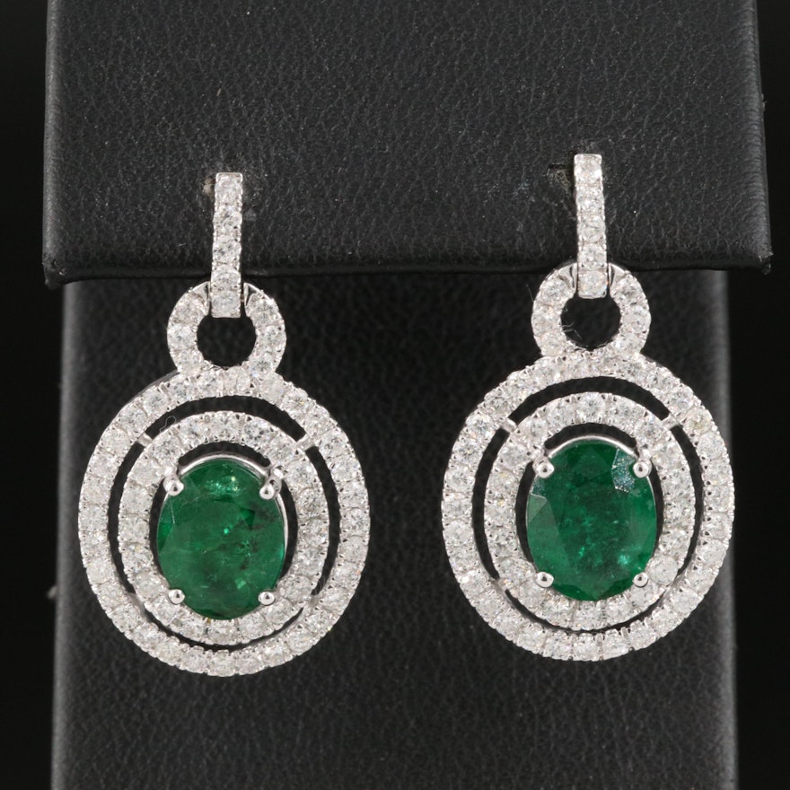 14K 3.60 CTW Emerald and 1.63 CTW Diamond Double Halo Drop Earrings