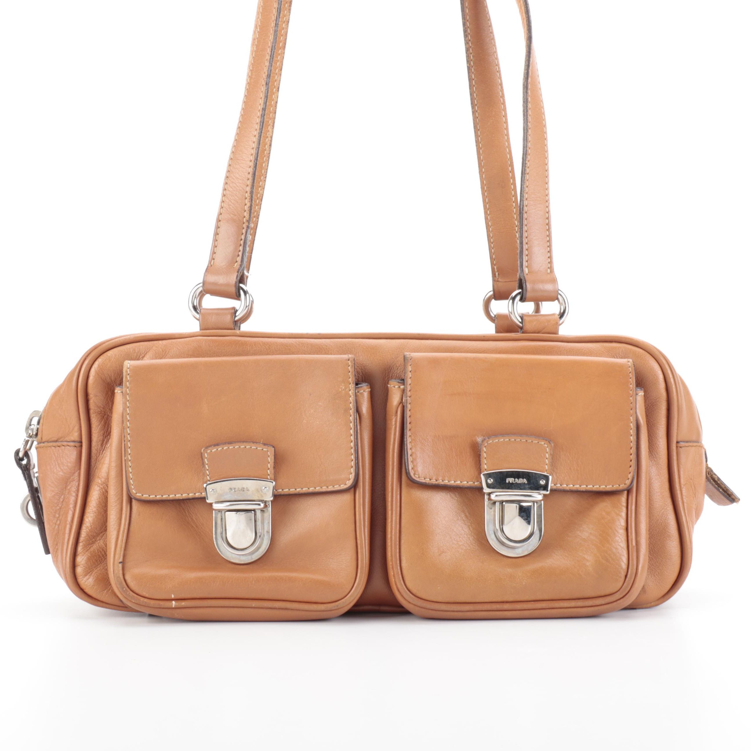 Prada Baguette Shoulder Bag in Dark Tan Leather with Exterior Pockets