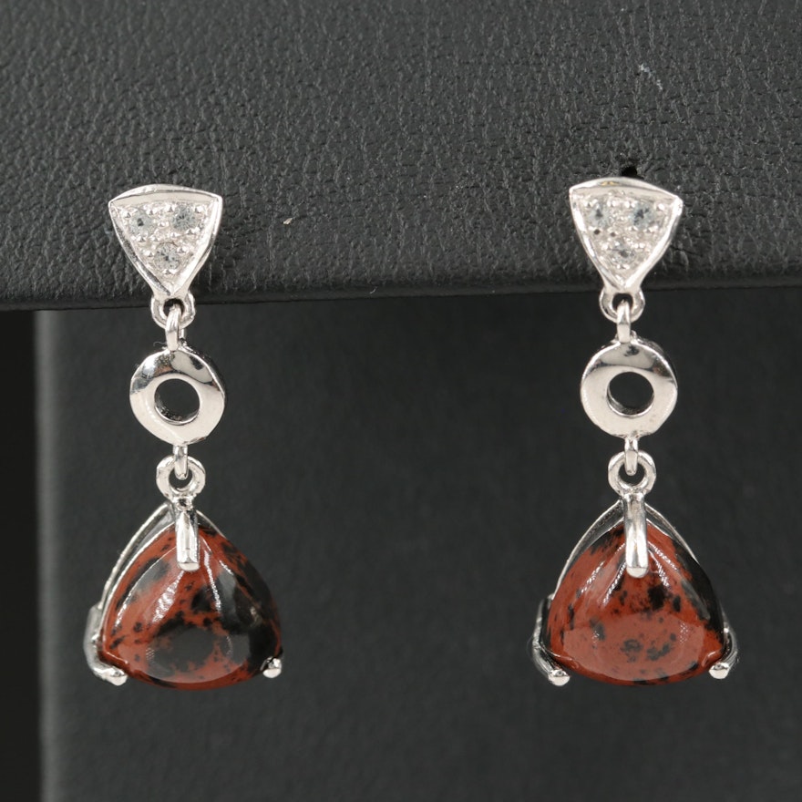 Sterling Silver Mahogany Obsidian and White Topaz Drop Earrings