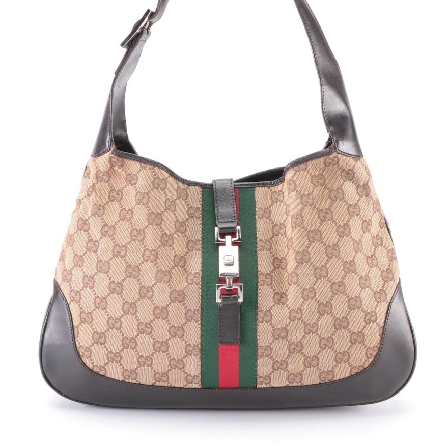 Gucci Jackie Hobo Bag in GG Canvas and Leather with Web Stripe