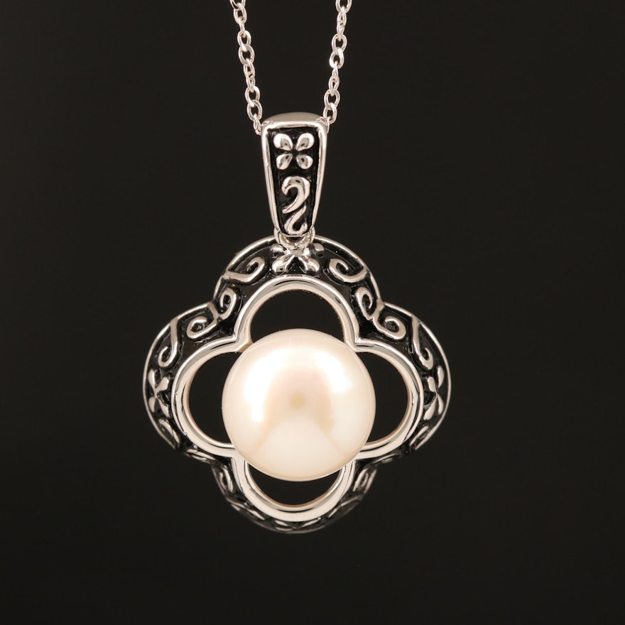 Sterling Pearl and Enamel Scrollwork Pendant Necklace
