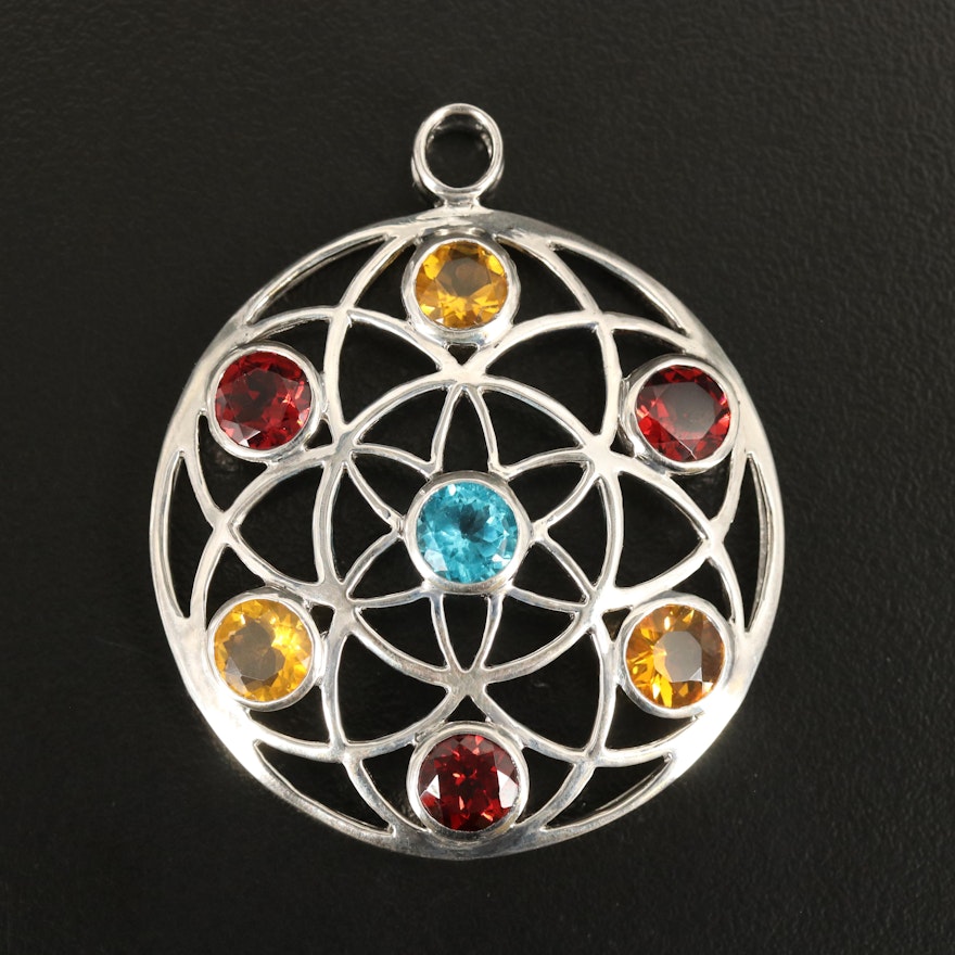 Sterling Apatite, Fire Opal, and Garnet Openwork Pendant