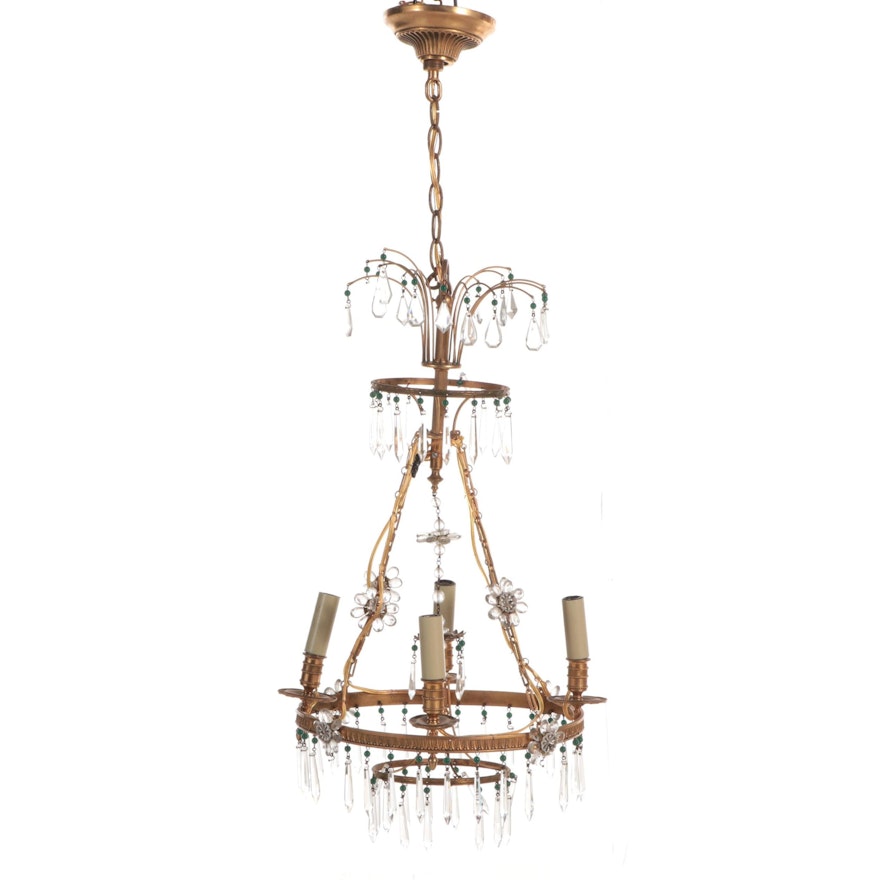 Louis XV Style Gilt Brass Tiered Four-Light Chandelier with Prisms