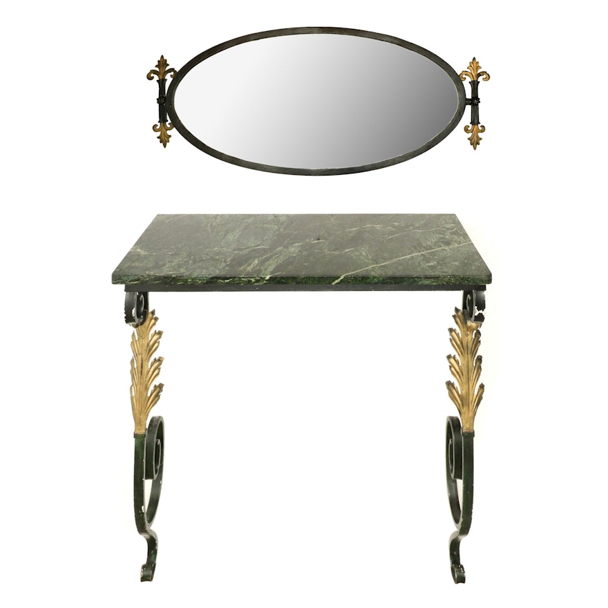 Hollywood Regency Iron and Marble Wall Mounted Console Table and Oval Mirror Set