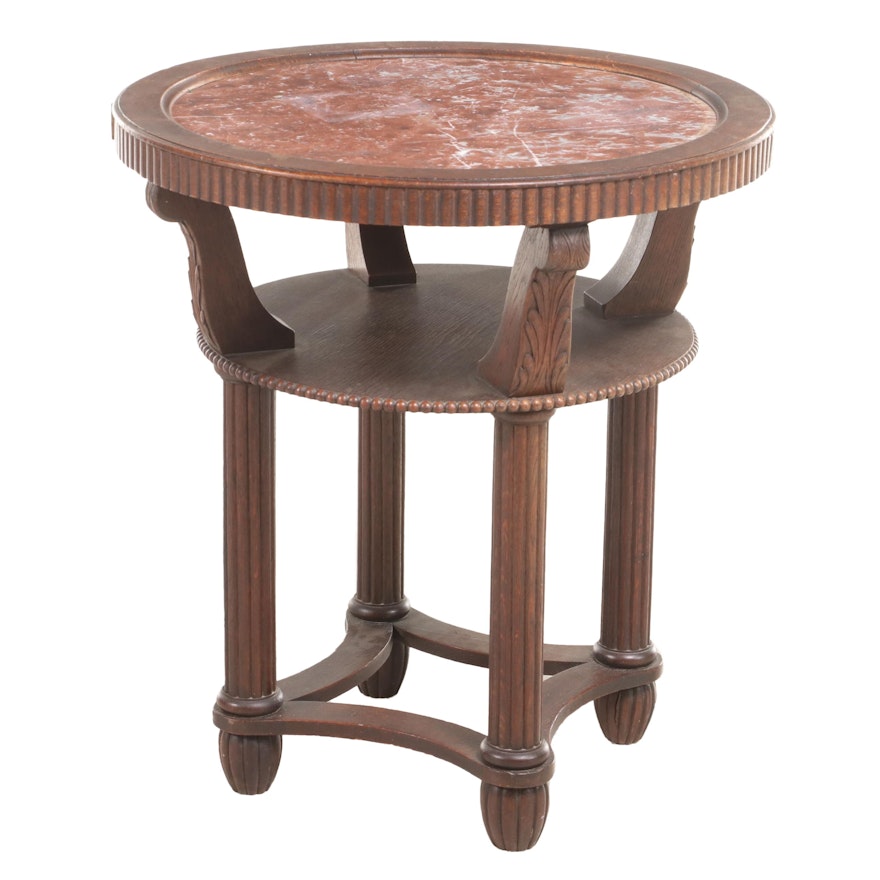 Classical Revival Carved and Quartersawn Oak Side Table with Rouge Marble Top