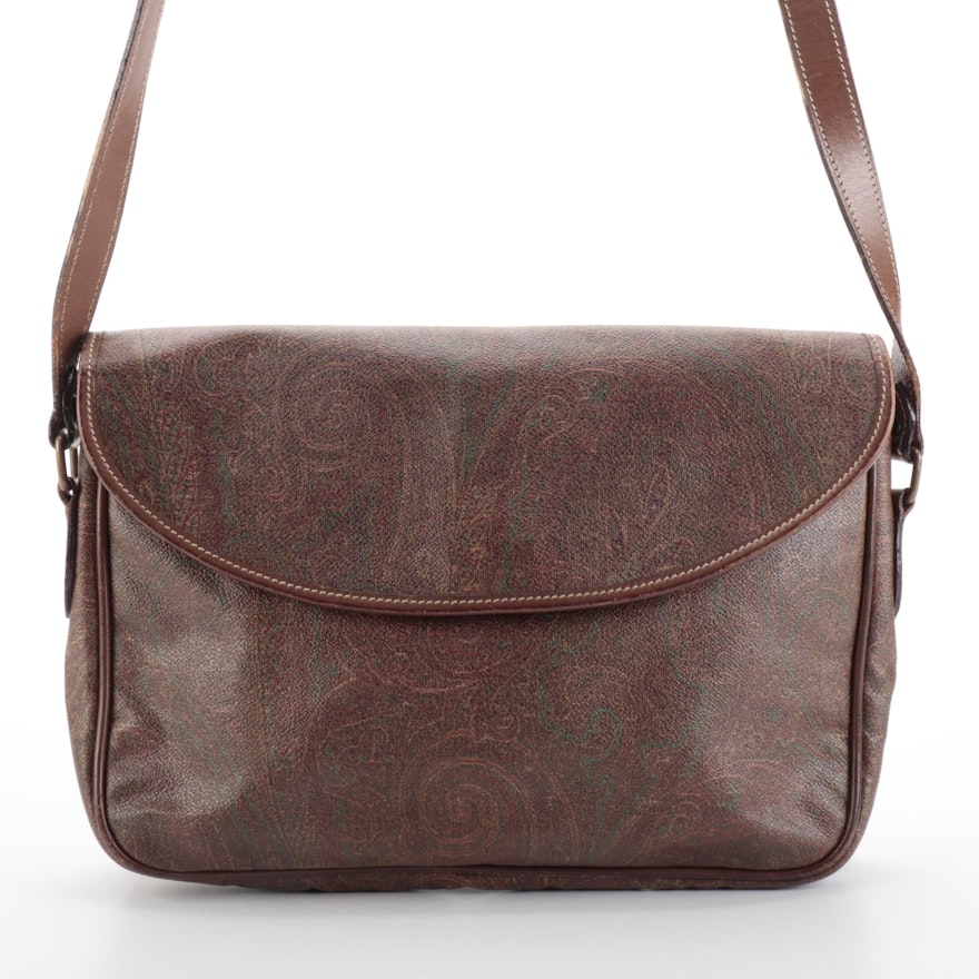 Etro Flap Shoulder Bag in Paisley Coated Canvas and Dark Brown Leather