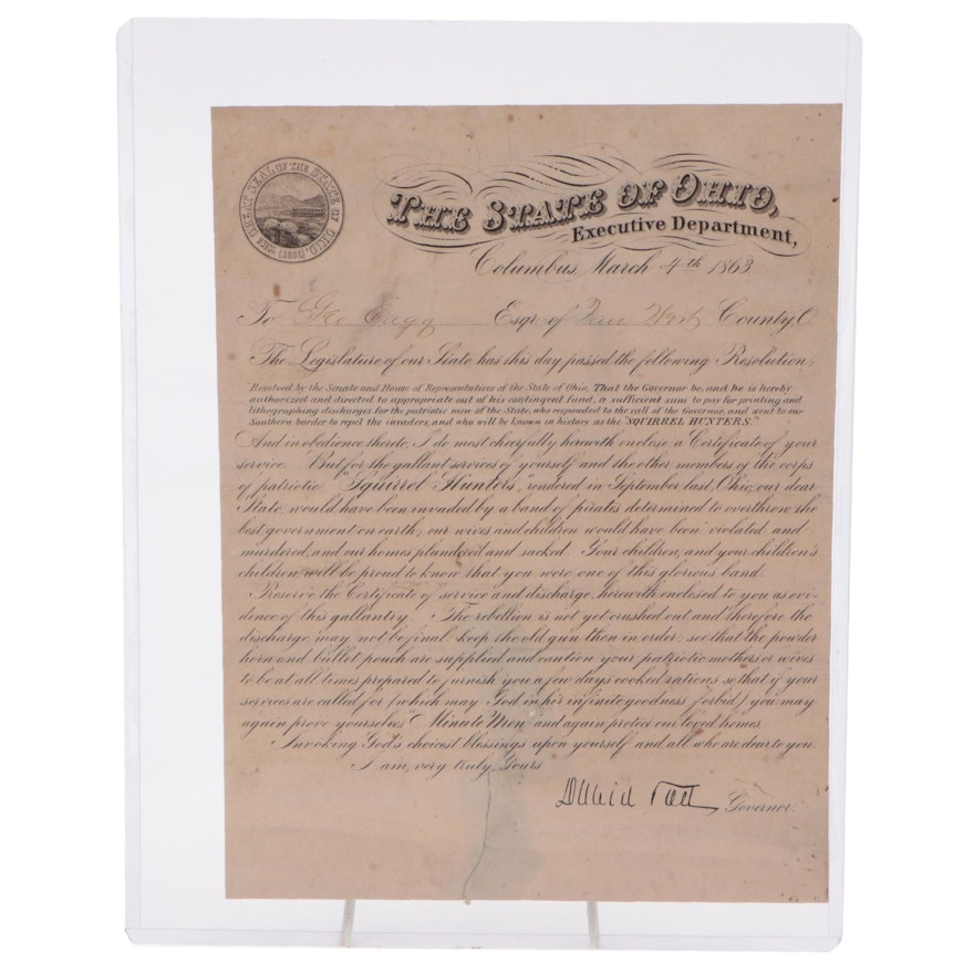 "Squirrel Hunters" Letter Dated March 4, 1863, Signed David Tod, Ohio Governor