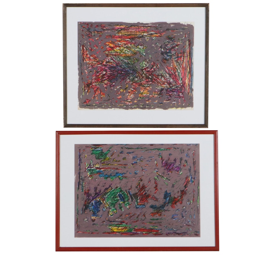 Achi Sullo Abstract Mixed Media Paintings "Mythical Creatures," Circa 1965