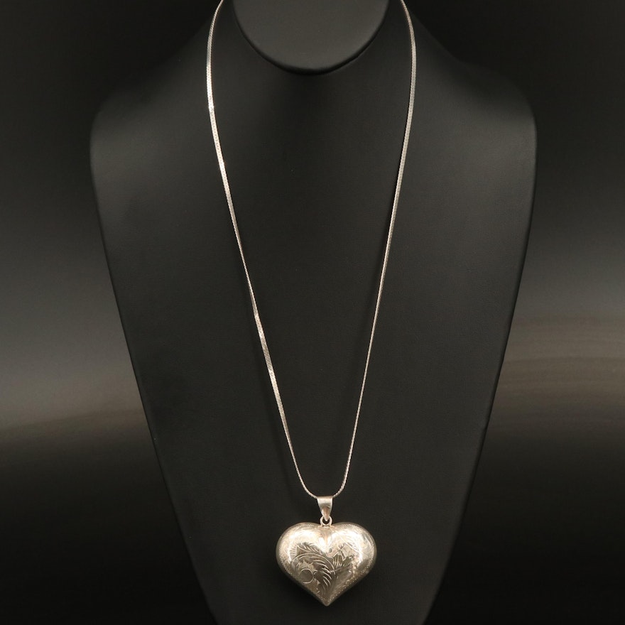 Sterling Engraved Puff Heart Pendant Necklace