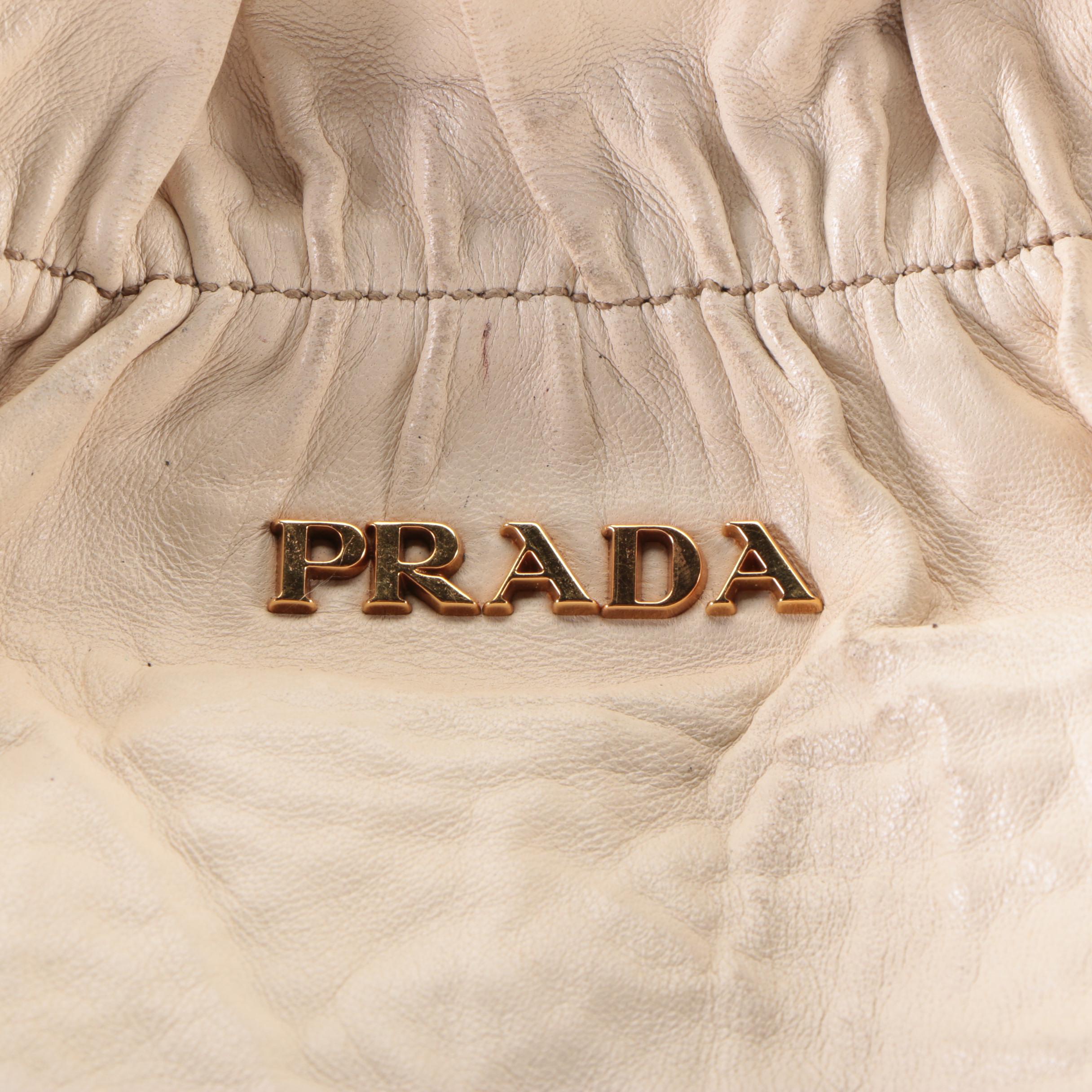 Prada Two-Way Hobo Bag in Off-White Leather with Snakeskin Bow Detail