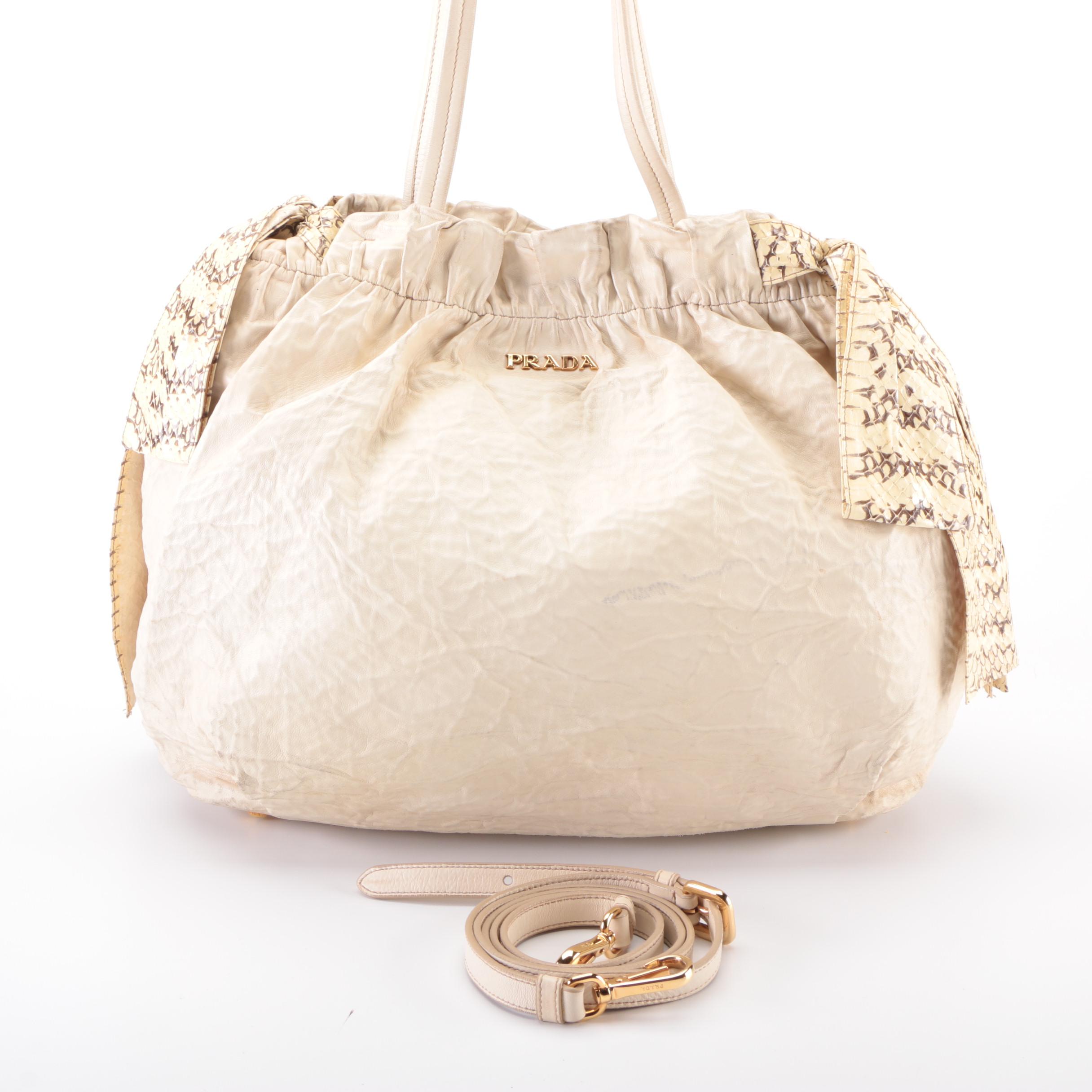 Prada Two-Way Hobo Bag in Off-White Leather with Snakeskin Bow Detail