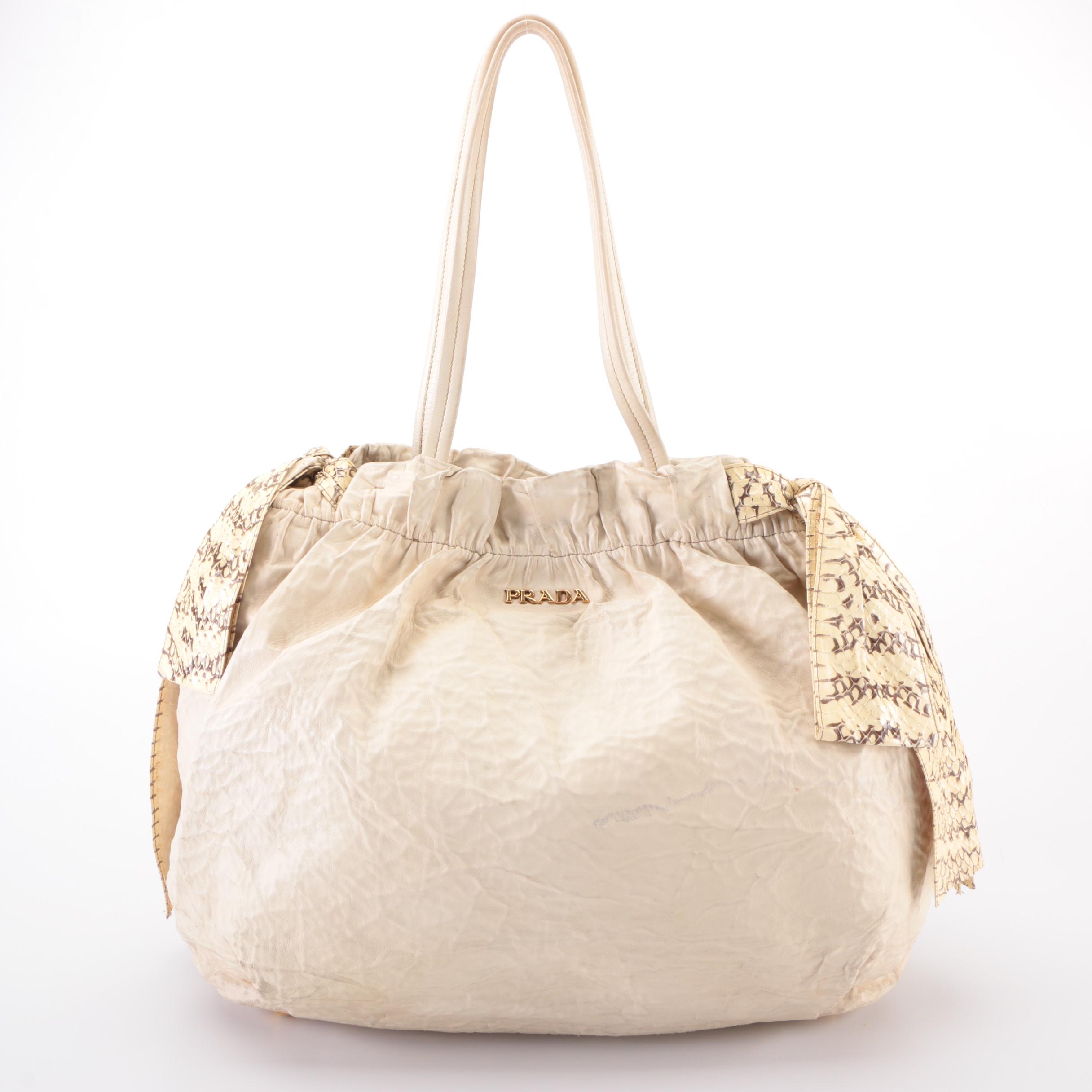 Prada Two-Way Hobo Bag in Off-White Leather with Snakeskin Bow Detail