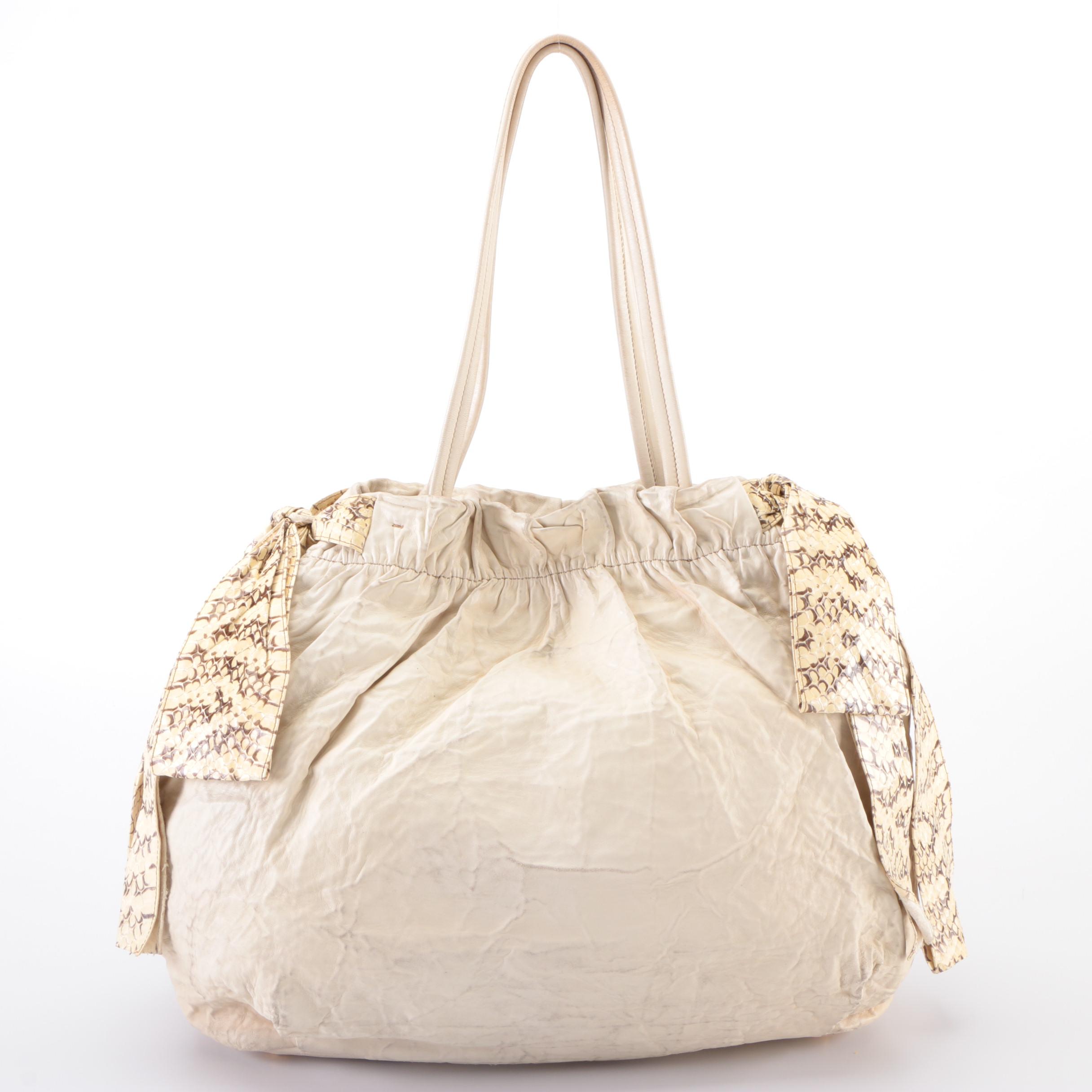 Prada Two-Way Hobo Bag in Off-White Leather with Snakeskin Bow Detail