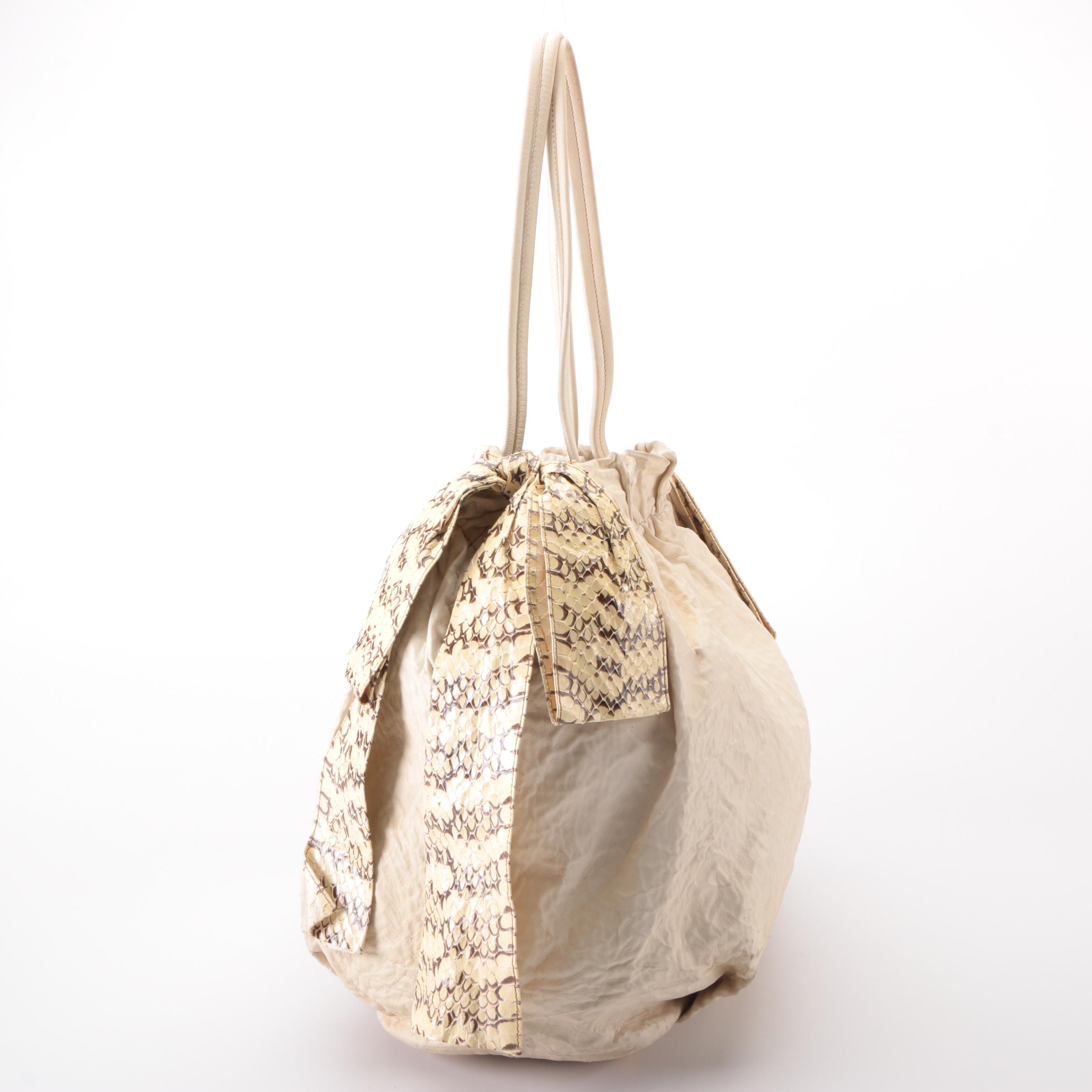 Prada Two-Way Hobo Bag in Off-White Leather with Snakeskin Bow Detail