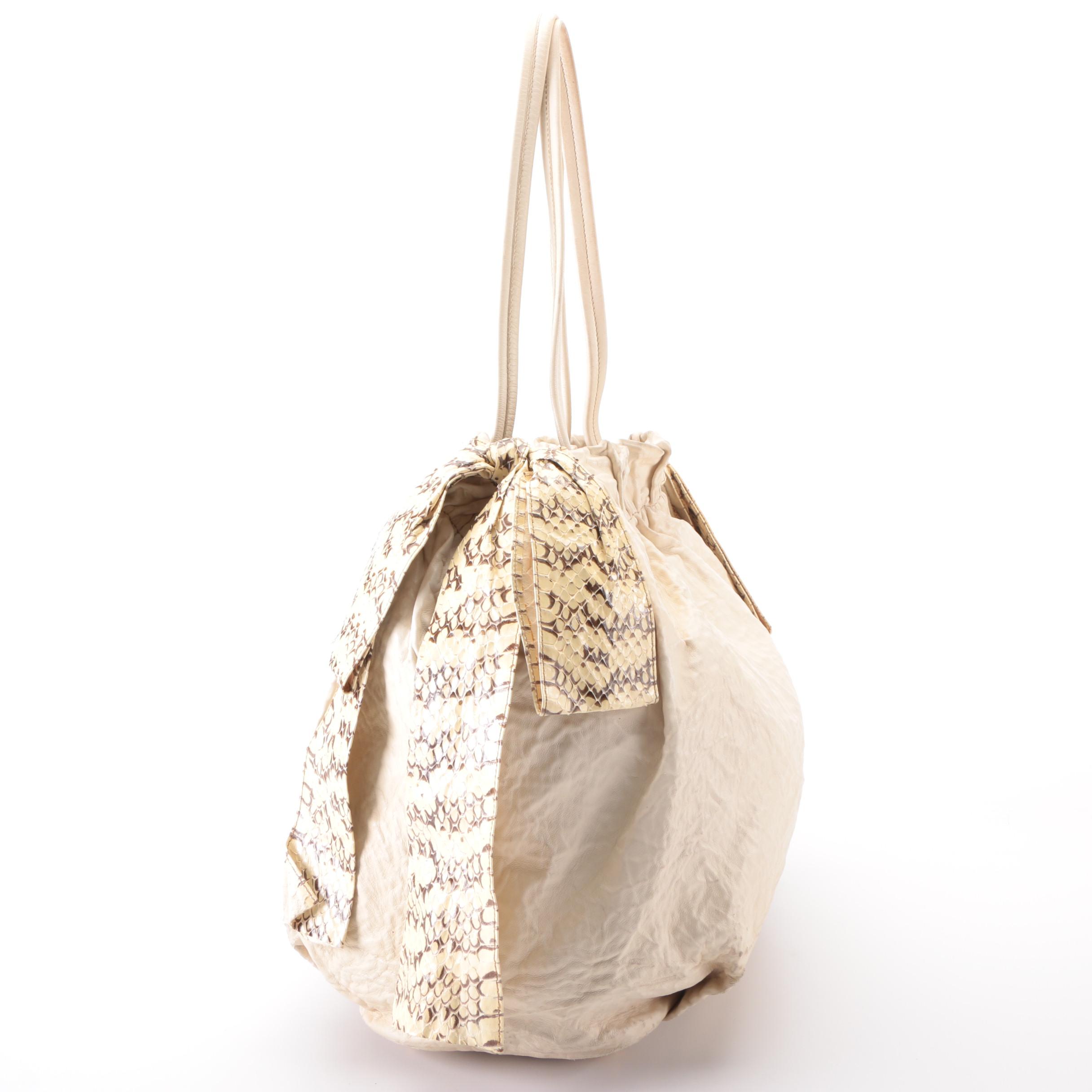 Prada Two-Way Hobo Bag in Off-White Leather with Snakeskin Bow Detail