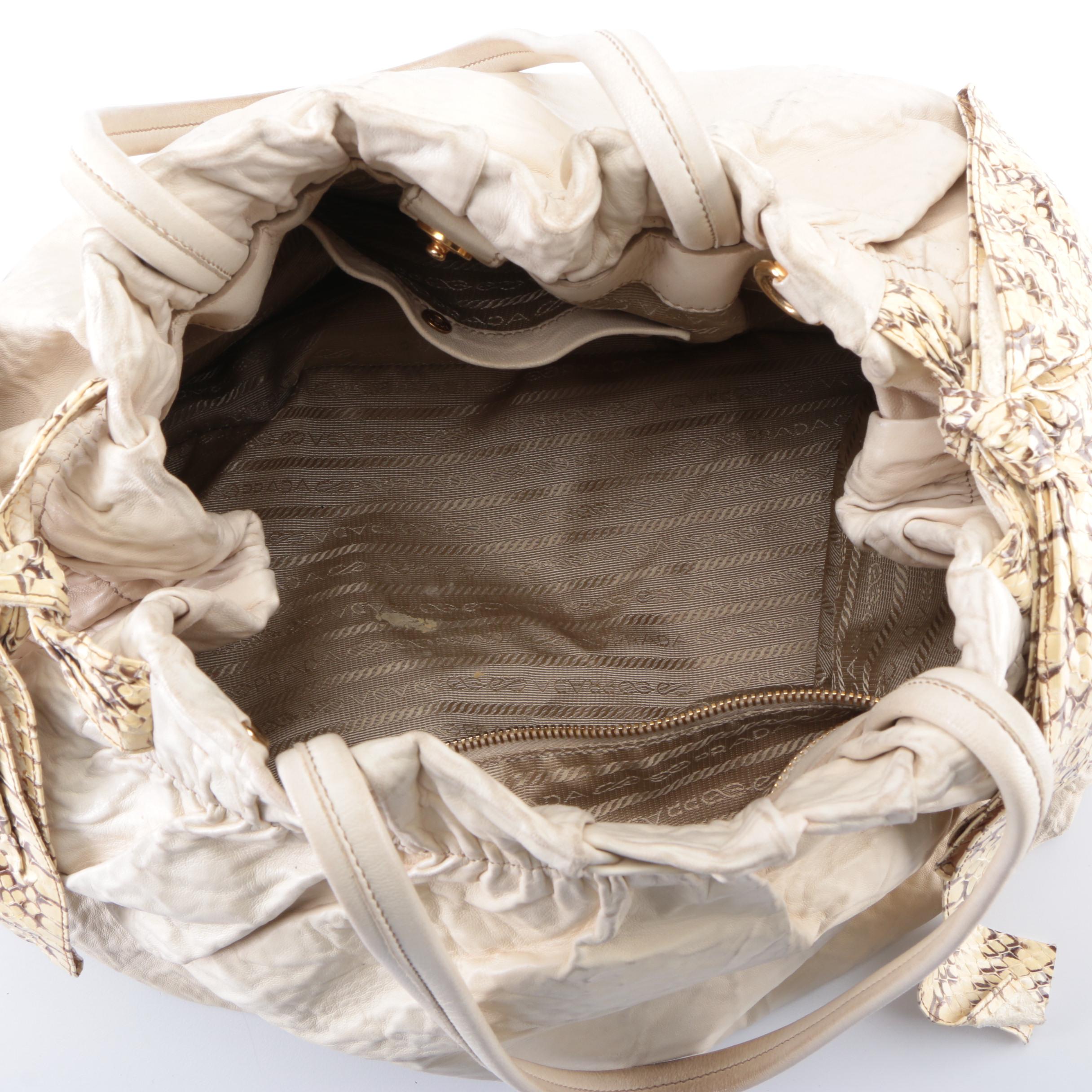 Prada Two-Way Hobo Bag in Off-White Leather with Snakeskin Bow Detail