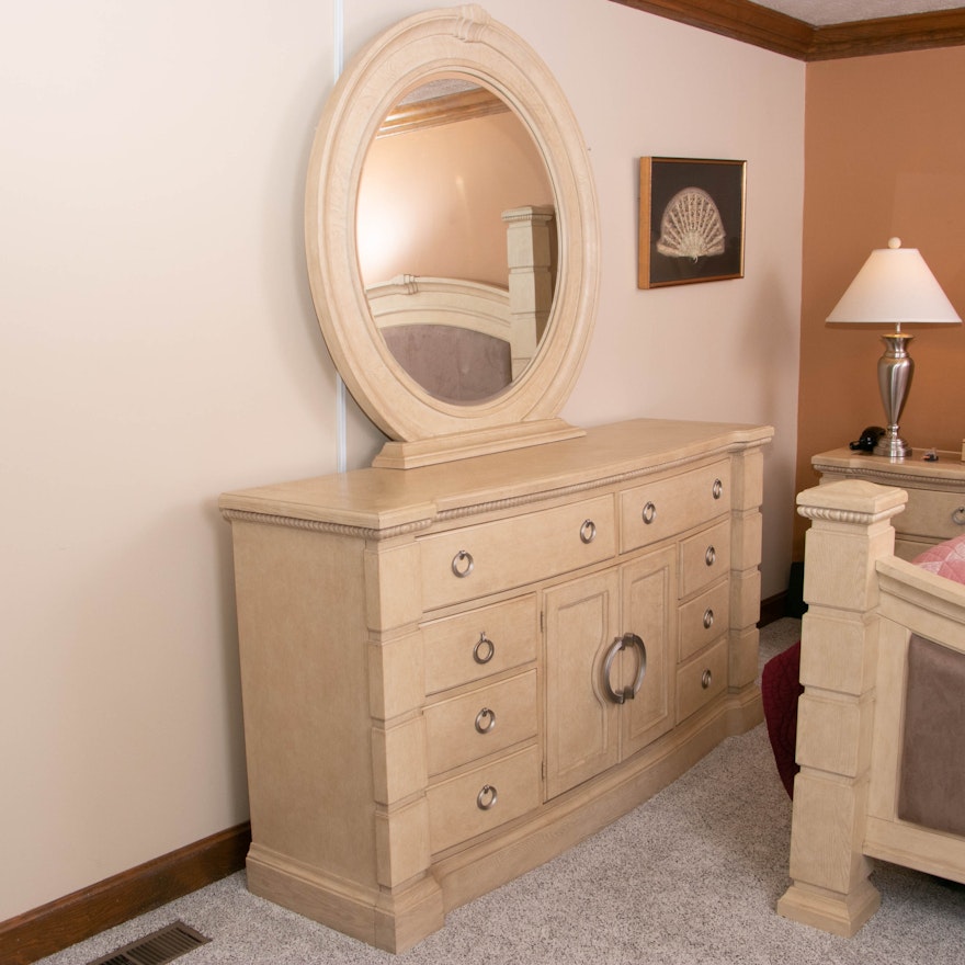 Modernist Style Wood Dresser with Round Mirror, 2000s