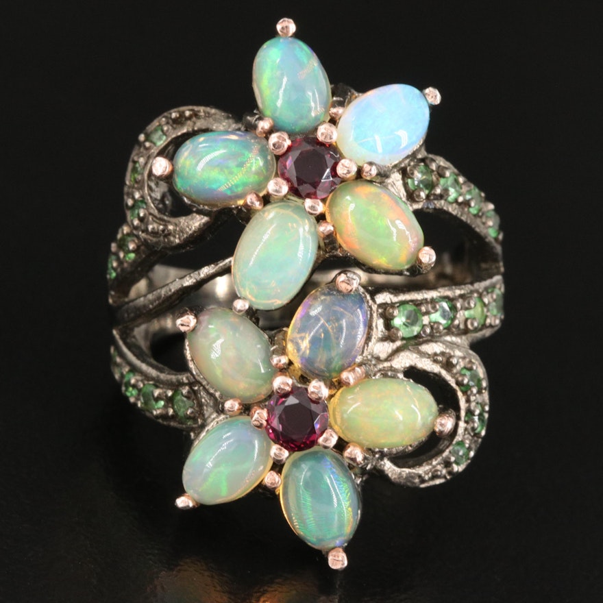 Sterling Opal, Garnet and Diopside Floral Ring