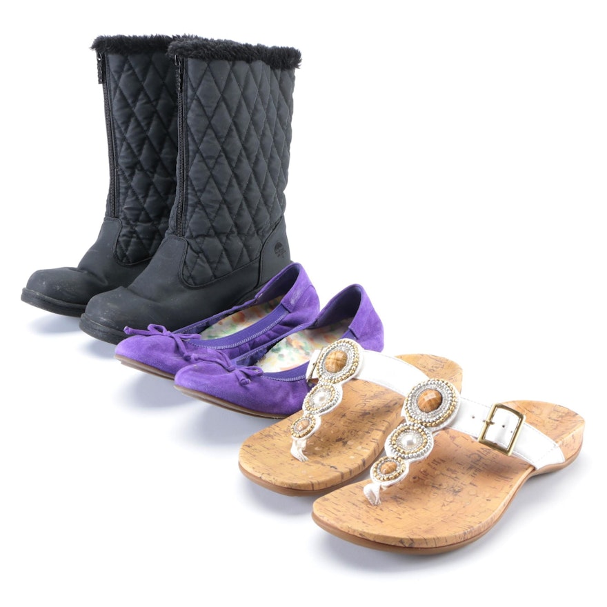 Totes Quiltie Rain Boots with Vionic Matira Flats and Adelie Sandals