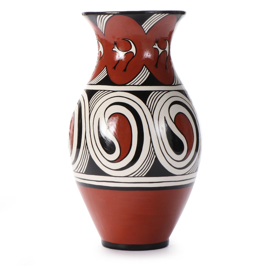 Ukrainian Hand-Painted Ceramic Vase of Trypillian Symbols, 1986
