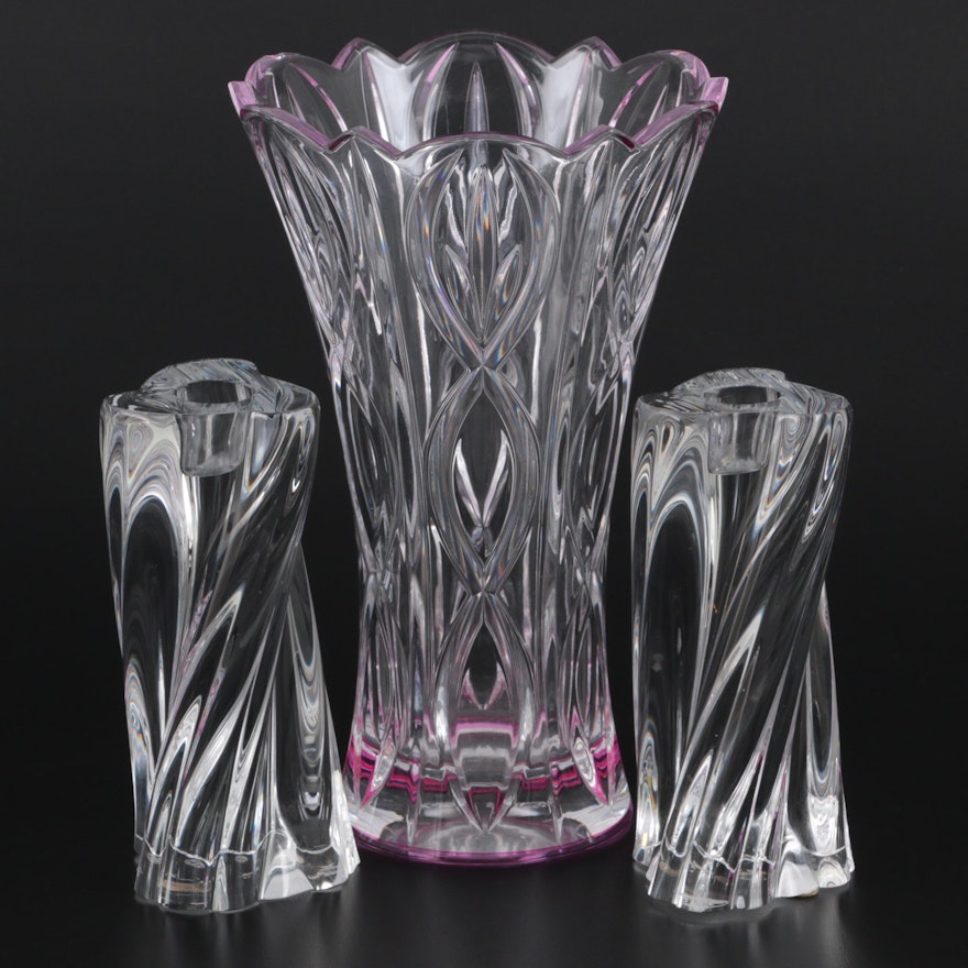 Pair of Baccarat Crystal Candlestick Holders with Lenox Crystal Vase