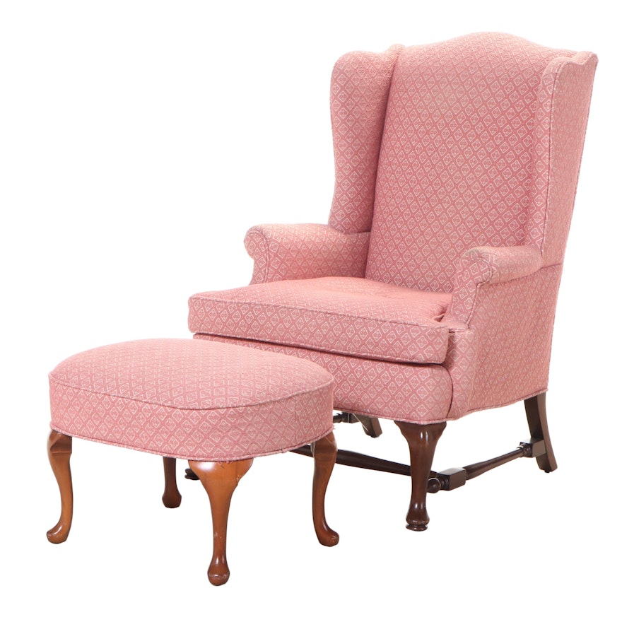 Queen Anne Style Upholstered Mahogany Wingback Armchair Plus Maple Footstool