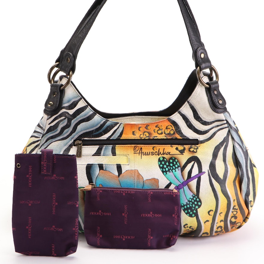 Anuschka Hand-Painted Dragonfly and Floral Leather Shoulder Bag with Accessories