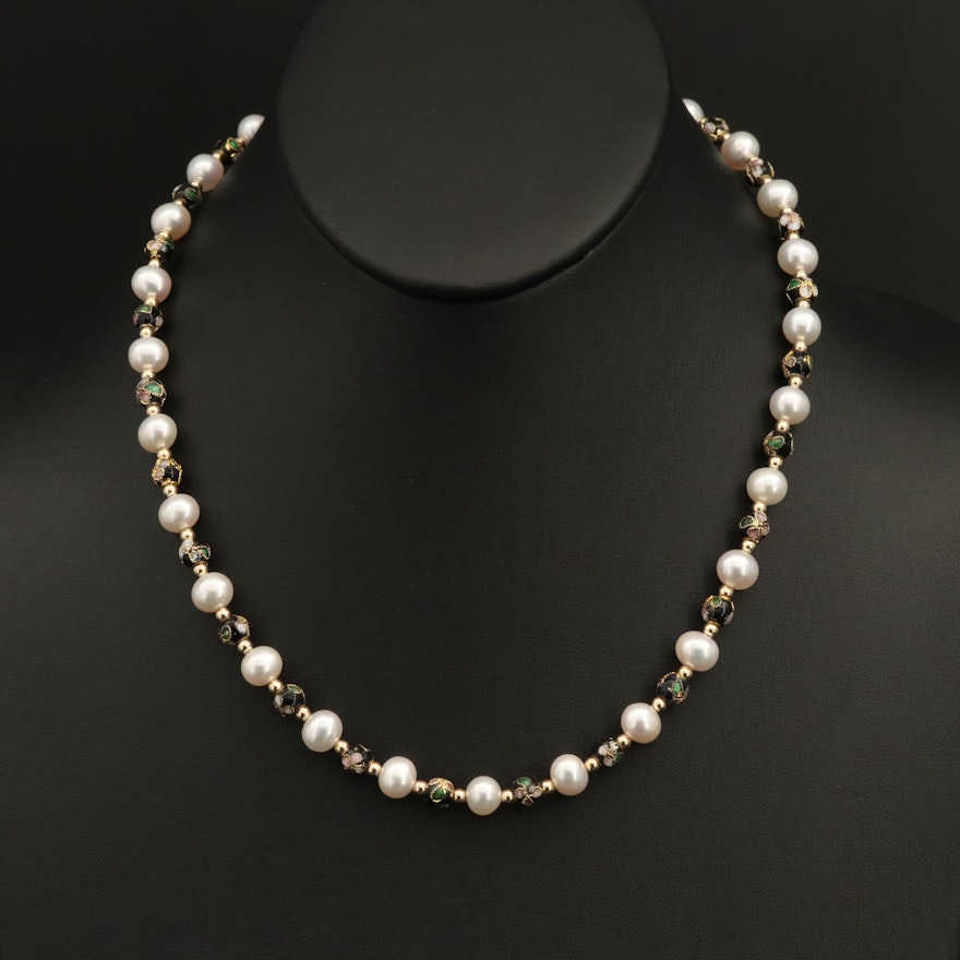 14K Pearl and Cloisonné Bead Necklace