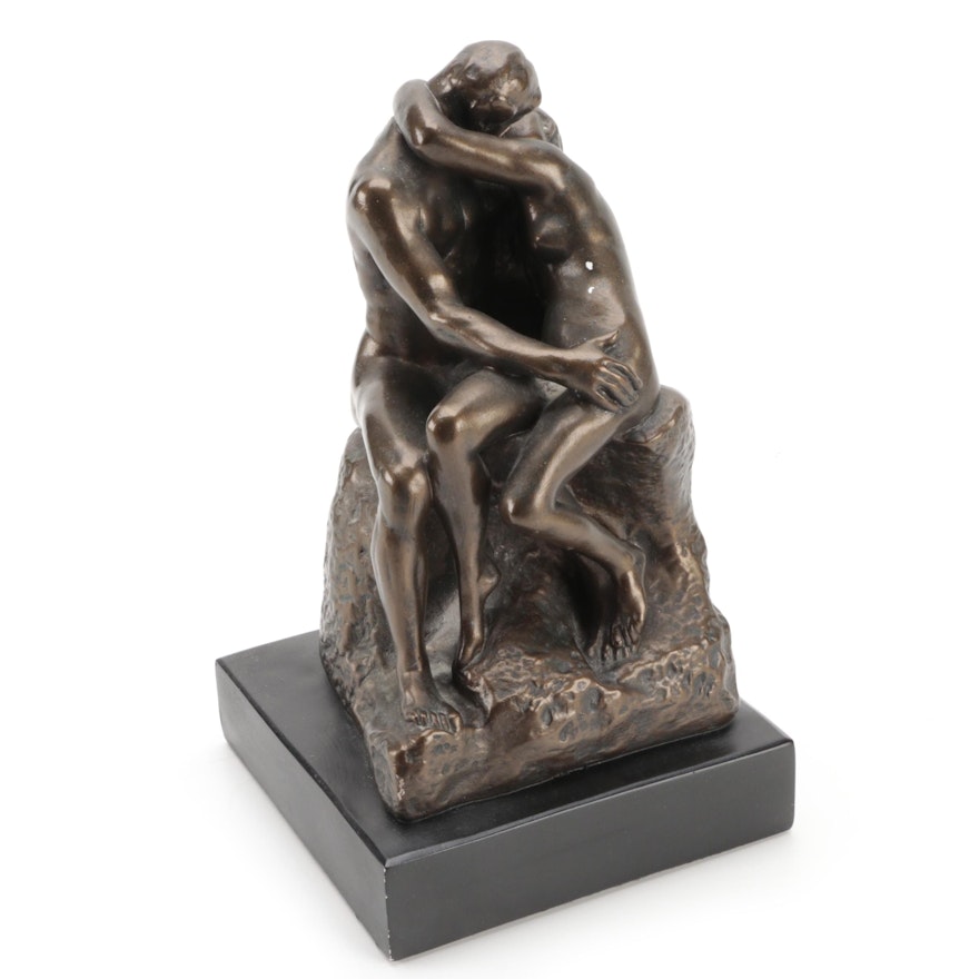 Bronze Patinated Cast Plaster Sculpture after Auguste Rodin "The Kiss"