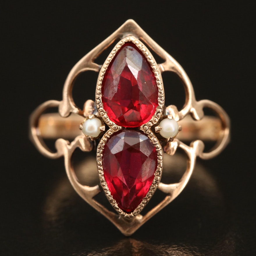 Vintage 10K Garnet Glass Doublet and Pearl Openwork Ring