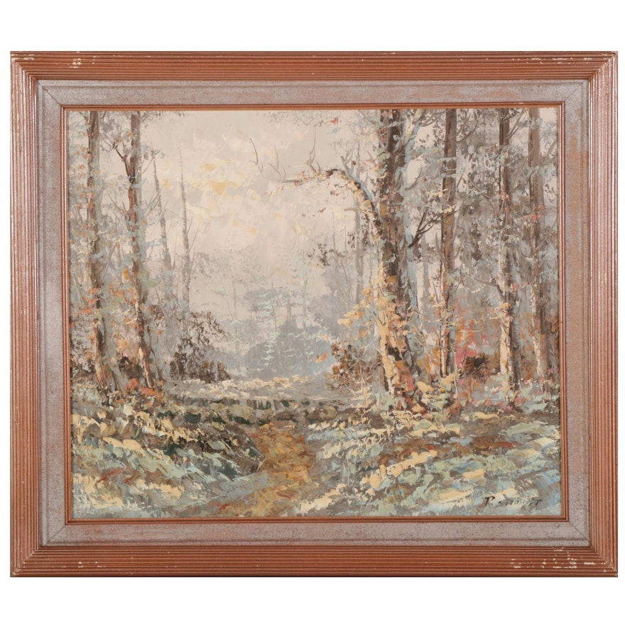 P. Stirrat Forest Path Impasto Oil Painting, Late 20th-21st Century