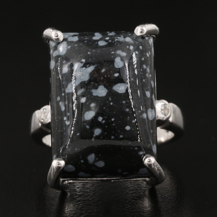 Sterling Silver Snowflake Obsidian Ring with White Topaz Accents