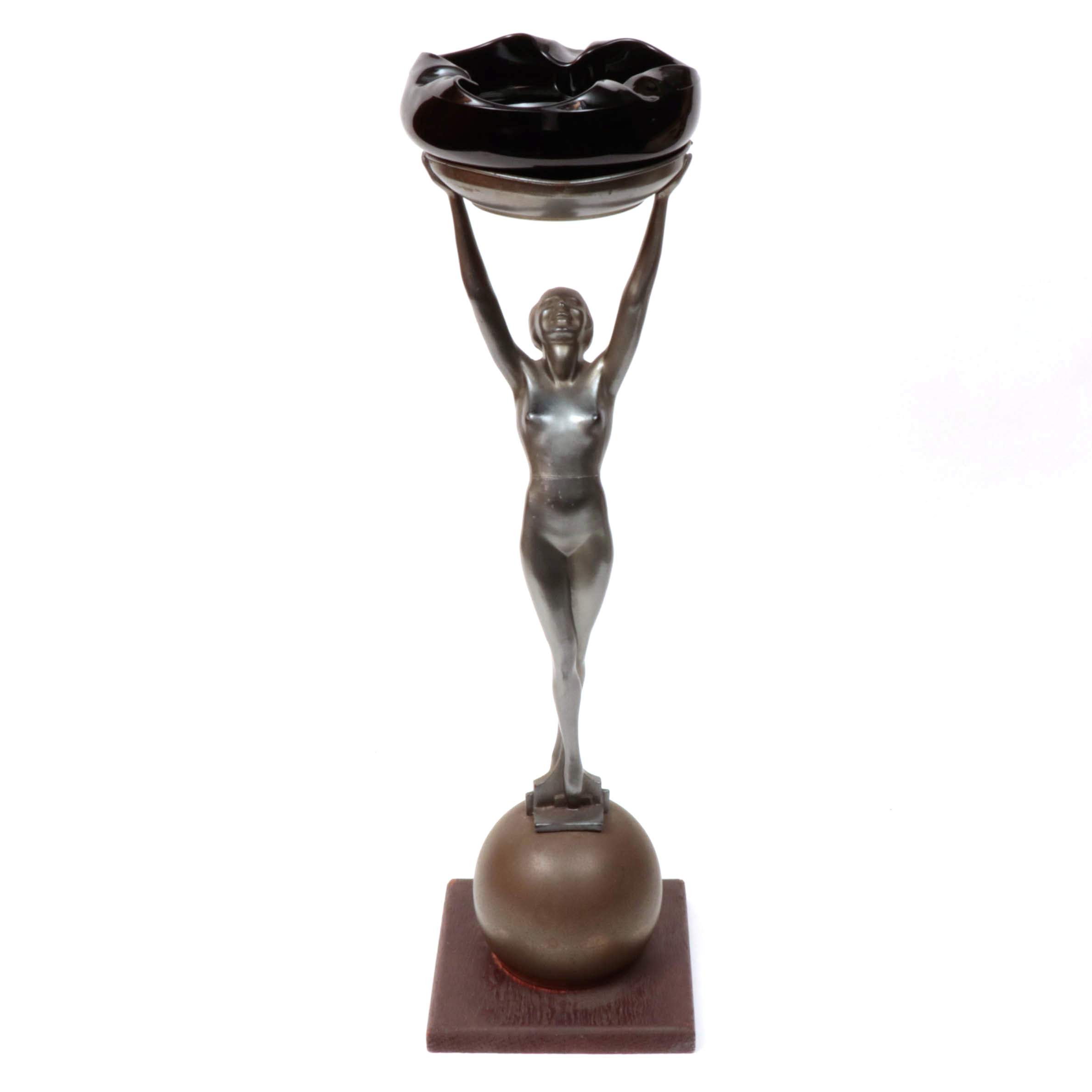 Frankart Art Deco Figural Nude Patinated Metal and Black Glass Ashtray Stand