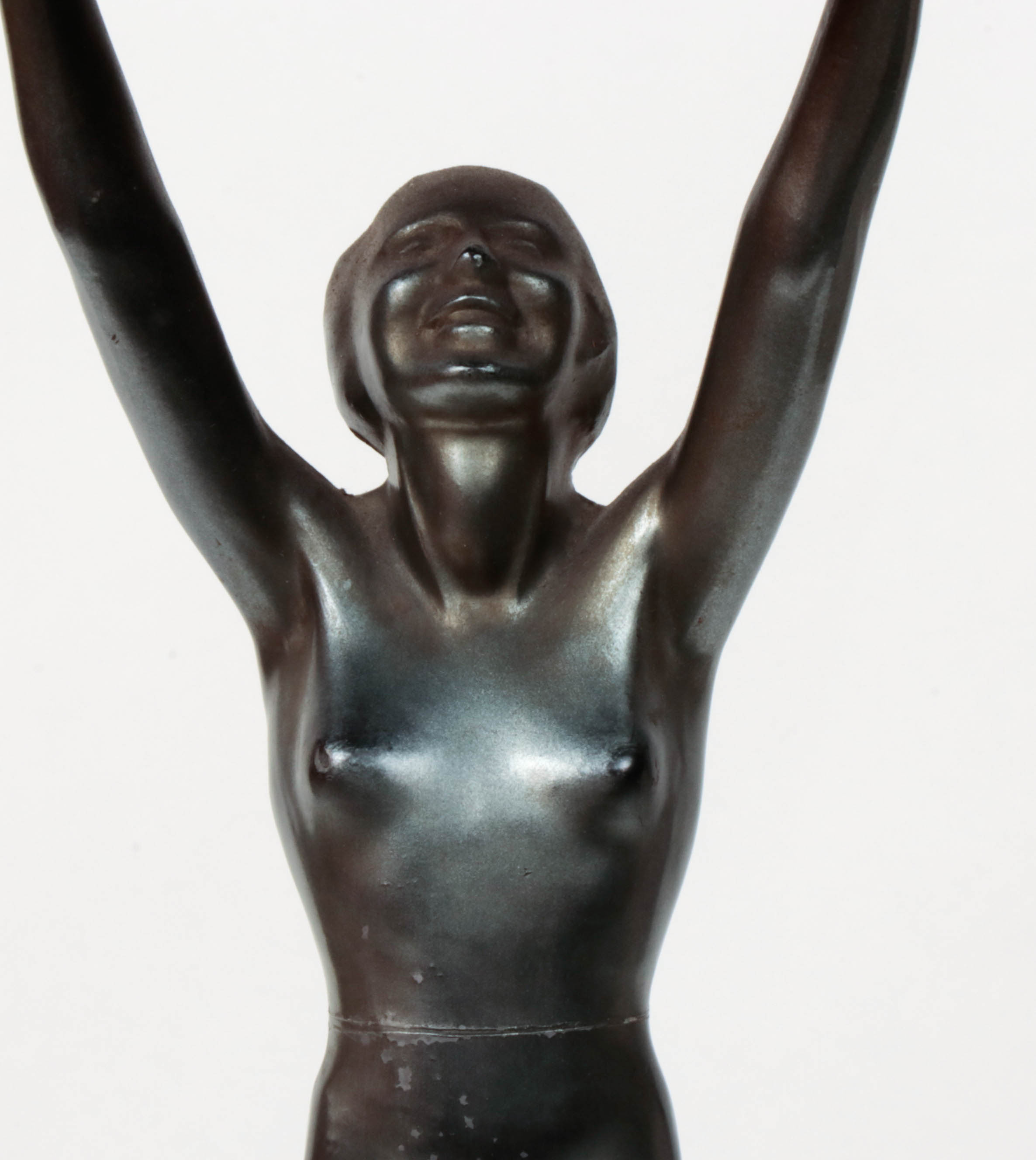 Frankart Art Deco Figural Nude Patinated Metal and Black Glass Ashtray Stand