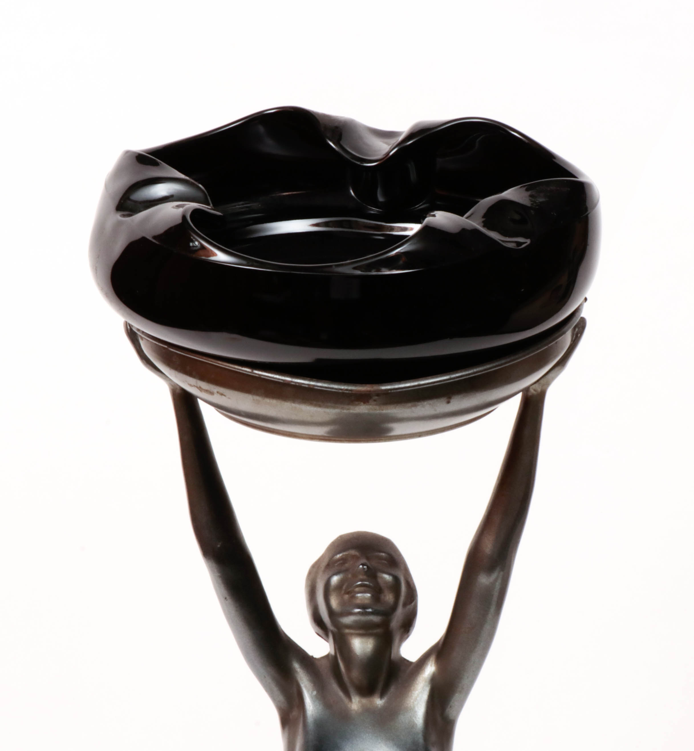 Frankart Art Deco Figural Nude Patinated Metal and Black Glass Ashtray Stand