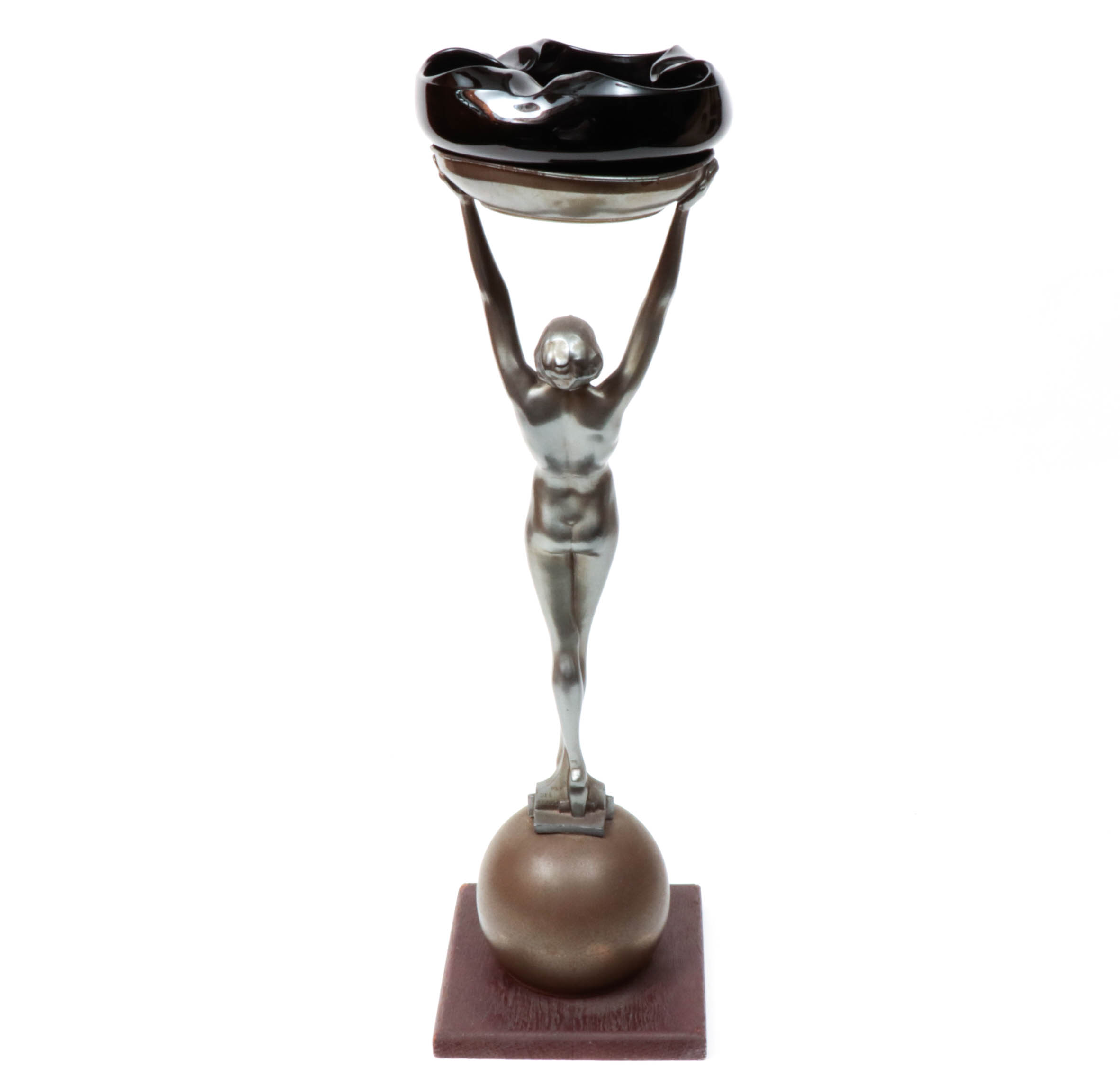 Frankart Art Deco Figural Nude Patinated Metal and Black Glass Ashtray Stand
