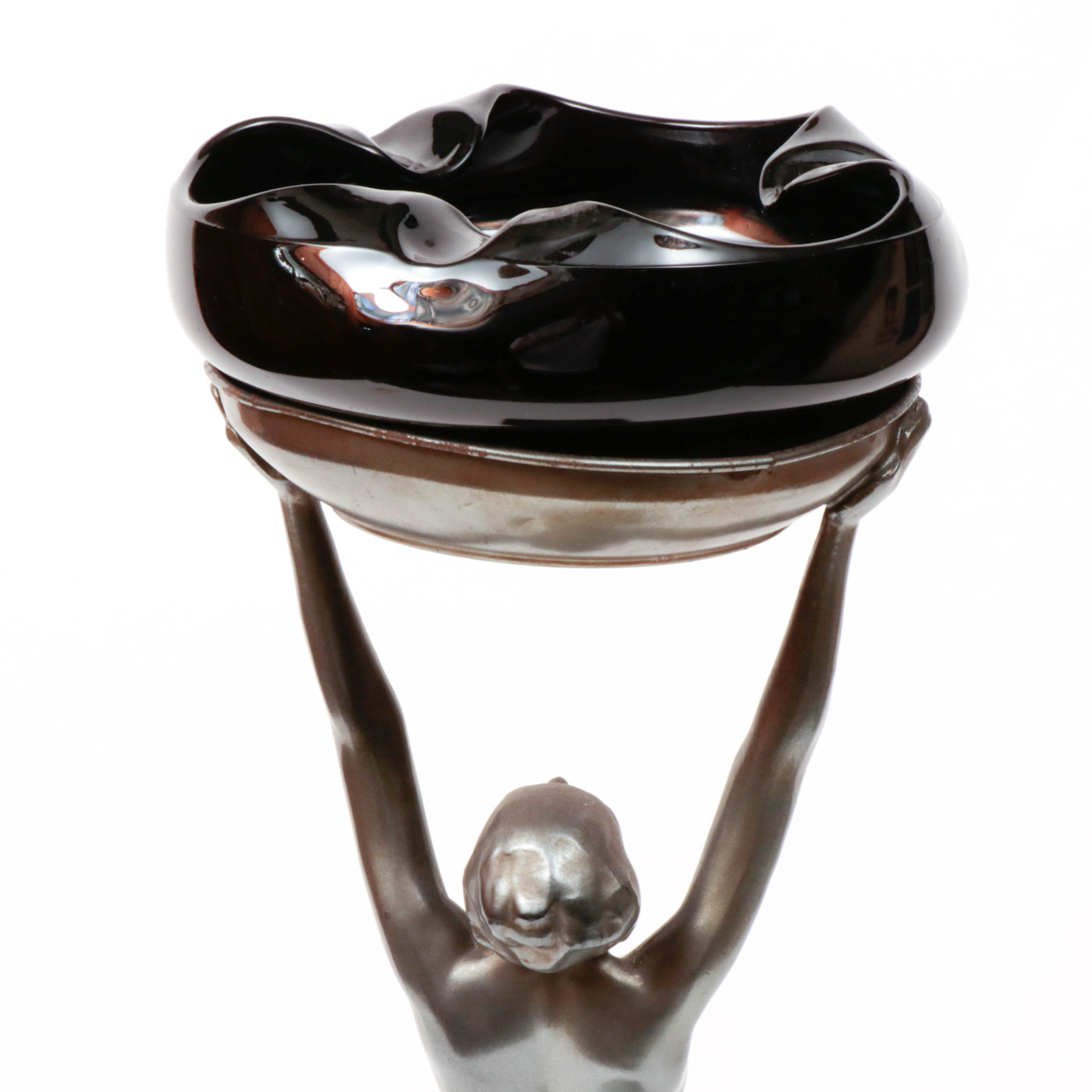 Frankart Art Deco Figural Nude Patinated Metal and Black Glass Ashtray Stand