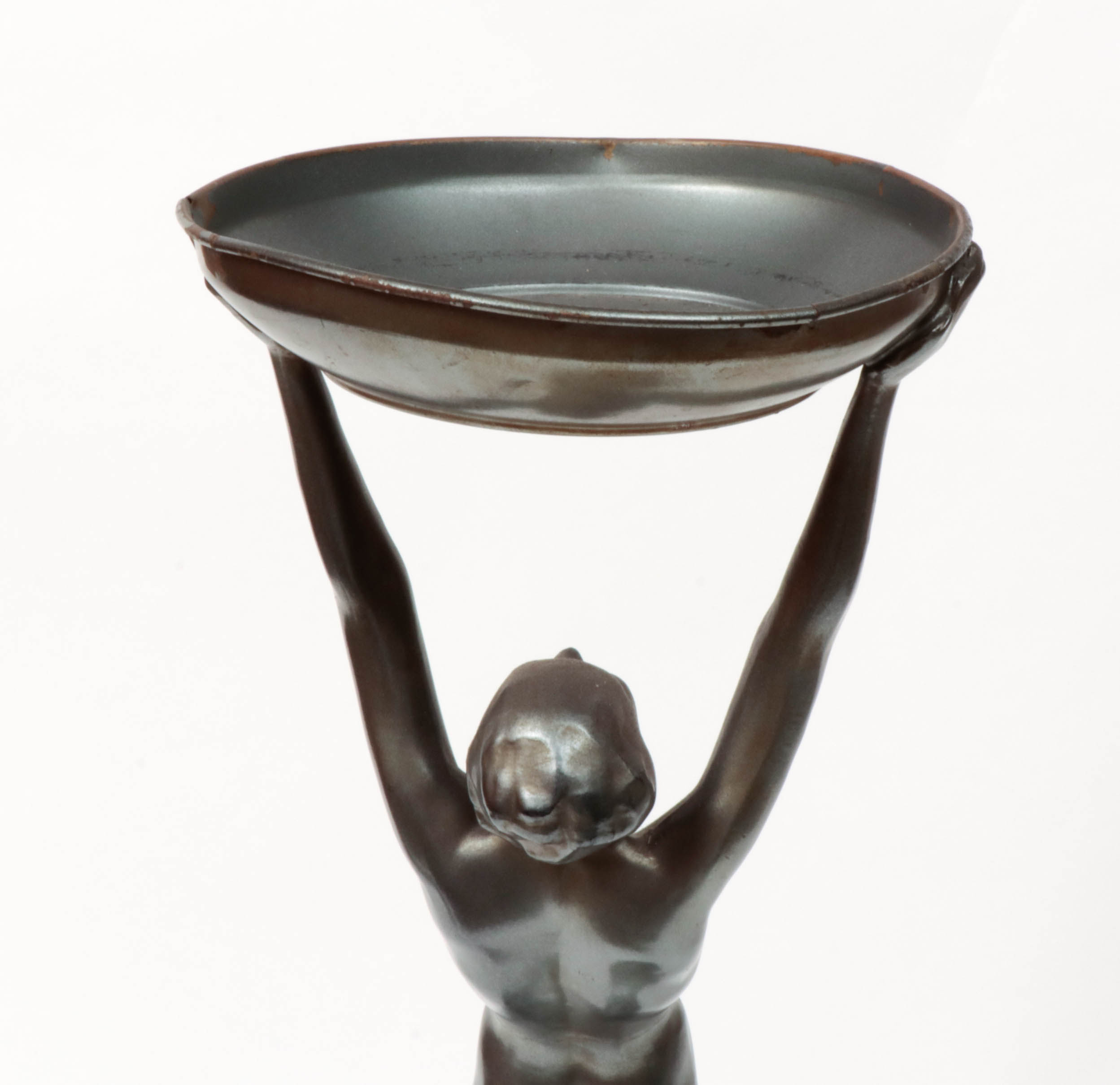 Frankart Art Deco Figural Nude Patinated Metal and Black Glass Ashtray Stand