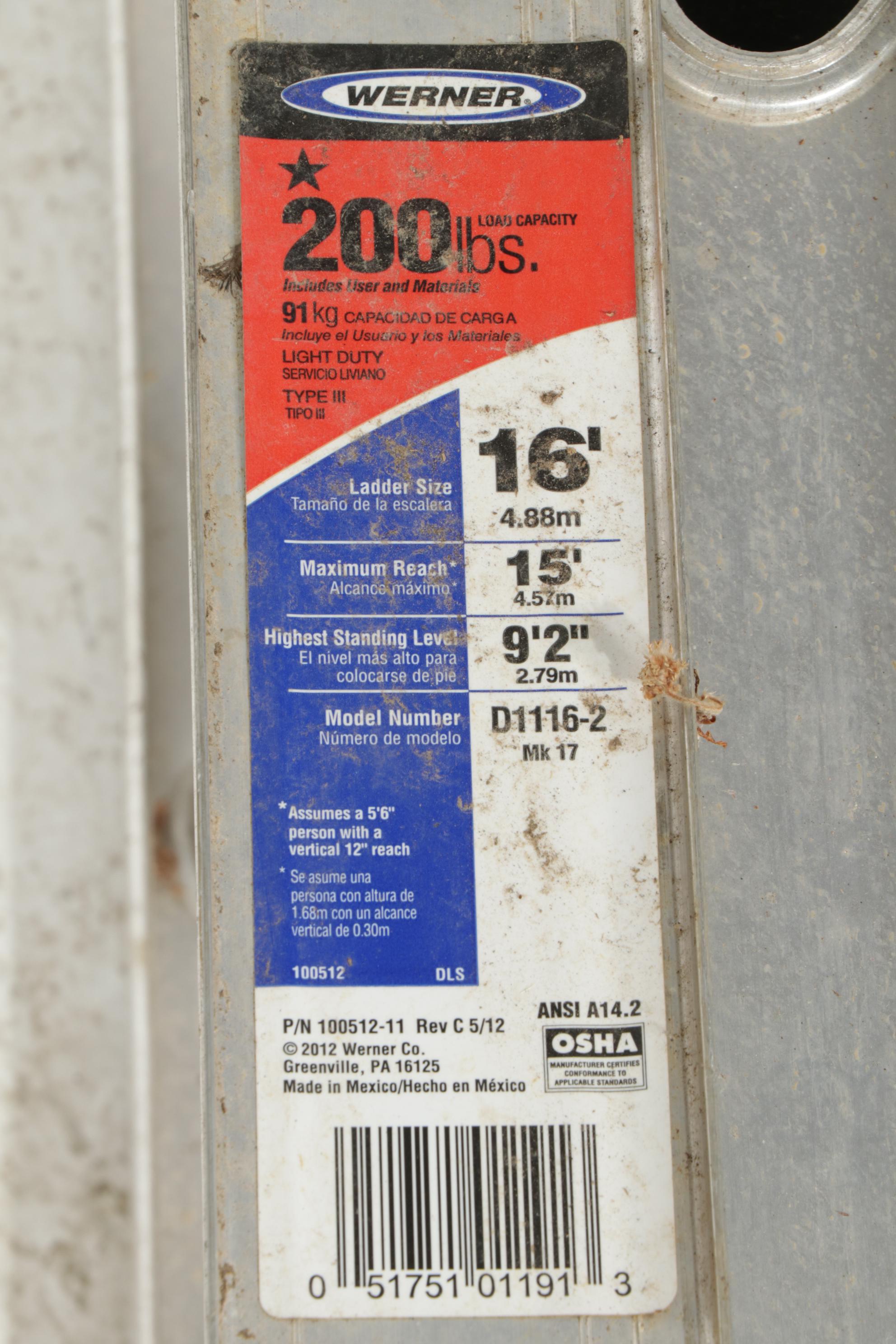 Werner Model D1116-2 16-Foot Aluminum Extension Ladder