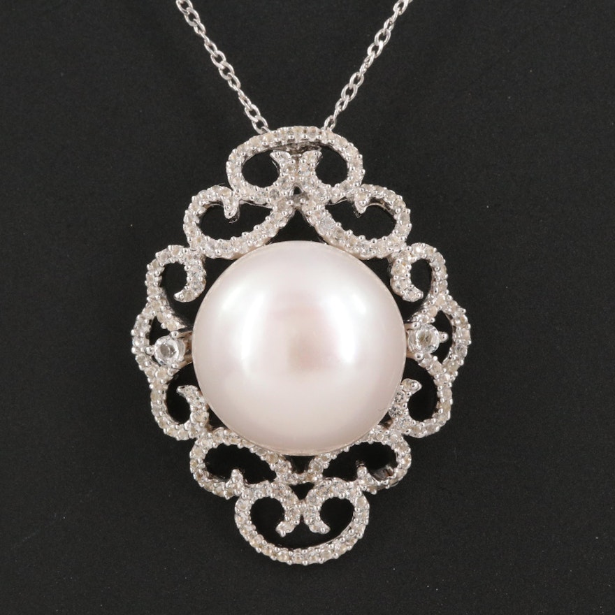 Sterling Pearl and White Topaz Scrollwork Pendant Necklace