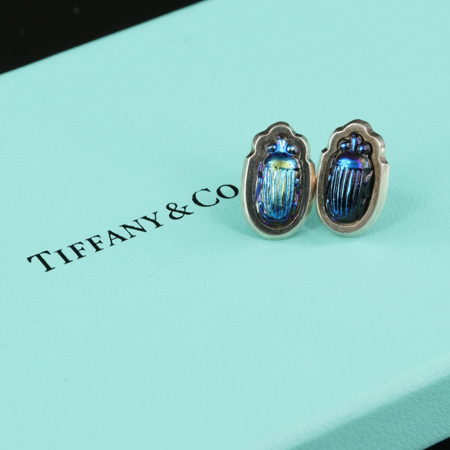 Tiffany & Co. Sterling Favrile Glass Scarab Stud Earrings